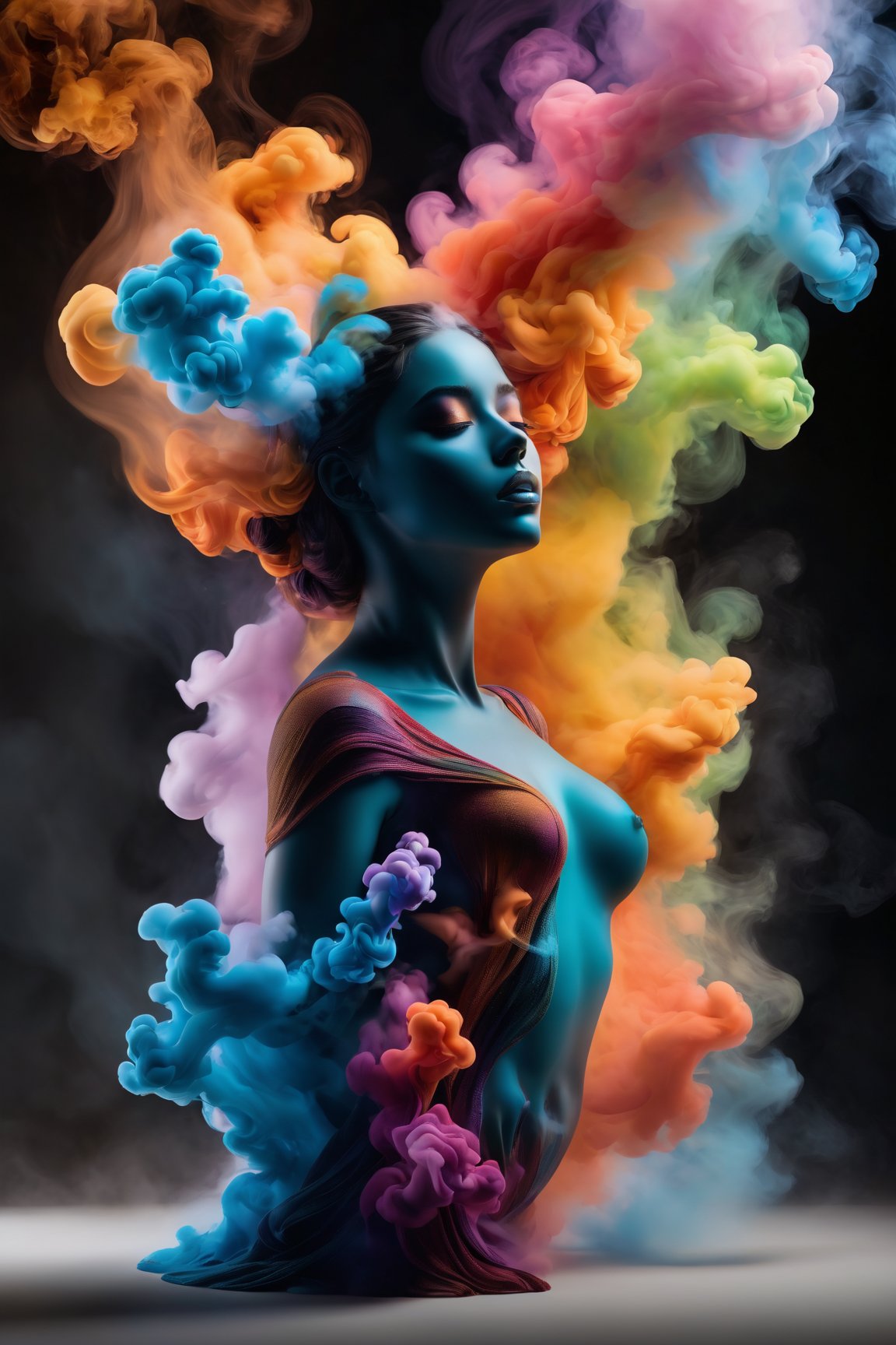 (best quality, 8K, highres, masterpiece), ultra-detailed, (portrait art, illustration), full-body zoom of a female-shaped colored sculpture made of dynamic dispersing smoke. The scene features playful body manipulations with warm and clean aesthetics, emphasizing uncommon beauty. Utilizing the rule of thirds composition, the detailed environment with strong lines enhances the overall visual impact. Vibrant and colorful smoke particles float in the air, creating a visually rich and striking figure. The well-lit scene, achieved with studio lights, maintains ultra-sharp focus and a high-speed shot aesthetic