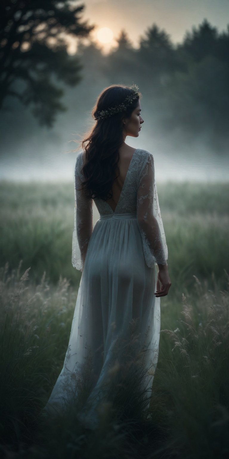 woman,standing,grass field,long grass,back view,dark theme,cinematic,low light,facing away,darkness,photography,professional photography,best quality,4k,highres,ultra-detailed,realistic,portrait,black and white,monochrome,cool tones,soft focus,subtle shadows,moody ambiance,sublime beauty,fine art,transcendent elegance,serene atmosphere,ethereal charm,powerful composition,graceful silhouette,innocent allure,unseen mystery,elusive presence,eternal longing,haunting tranquility,sublime connection,unforgettable moment,emotionally captivating,elliptical narrative,whispering secrets,dreamlike serenity,unspoken emotions,pareidolia whispers,captured essence.