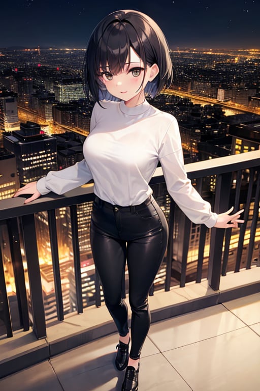 (masterpiece), best quality, 1girl, black hair, short hair, shirt, long sleeve, skinny pants, shoes, standing, bird's eye view , nighttime, night