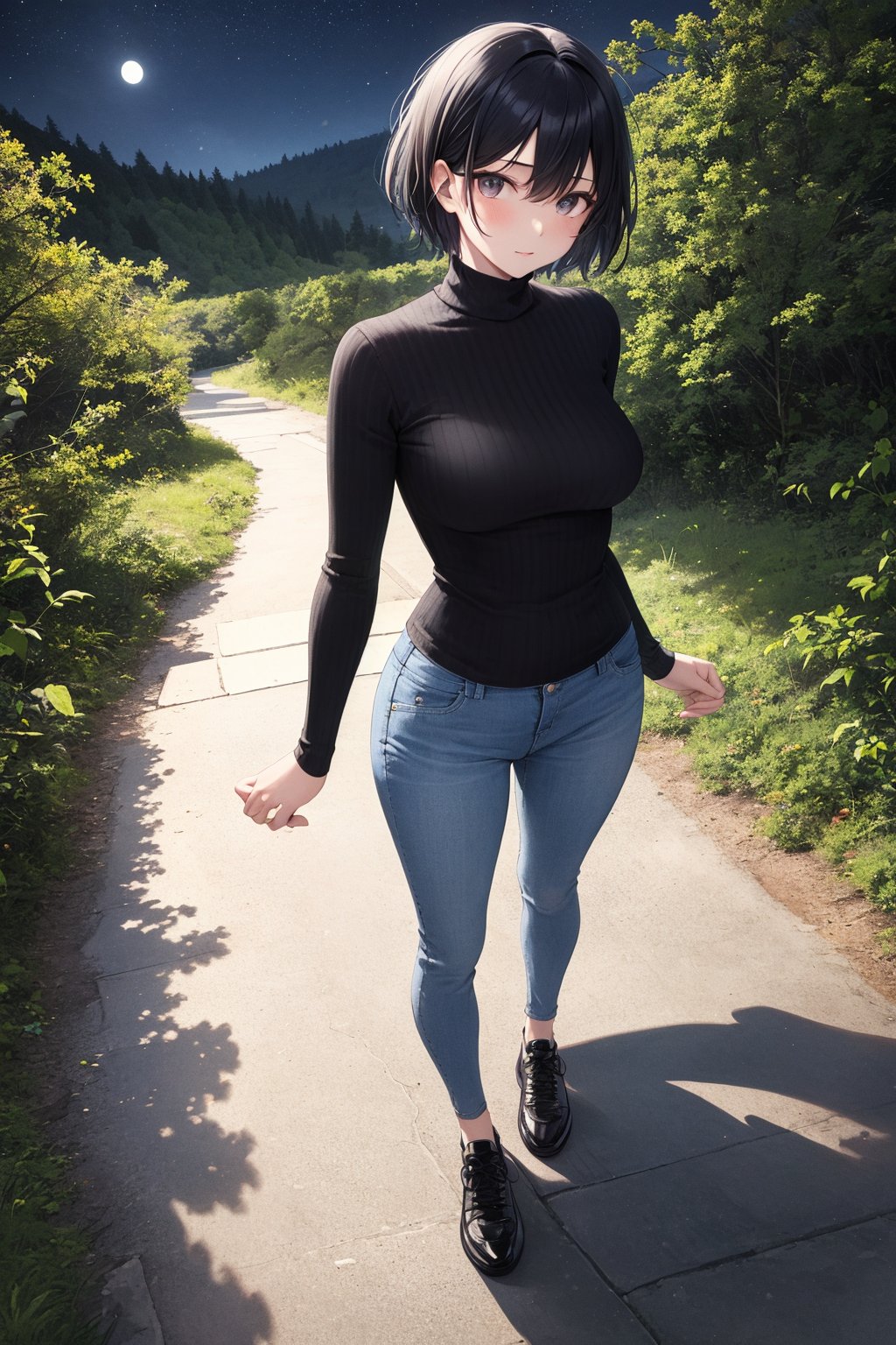 (masterpiece), best quality, 1girl, black hair, short hair, shirt, turtleneck, long sleeve, skinny pants, shoes, standing, from above, forest, night sky
