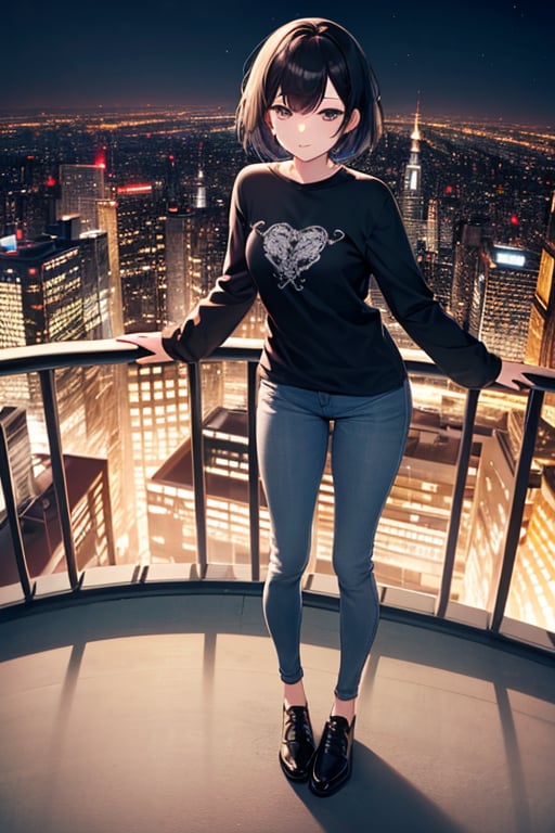 (masterpiece), best quality, 1girl, blac hair, short hair, shirt, long sleeve, skinny pants, shoes, standing, bird's eye view , nighttime, night