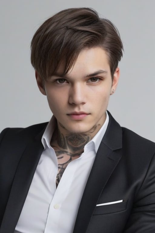 solo, looking at viewer, short hair, brown hair, shirt, 1boy, brown eyes, jacket, white shirt, upper body, male focus, collared shirt, gray background, lips, black jacket, formal, suit, sofa, reality, fair skin ,white hair, tattoo, close to reality