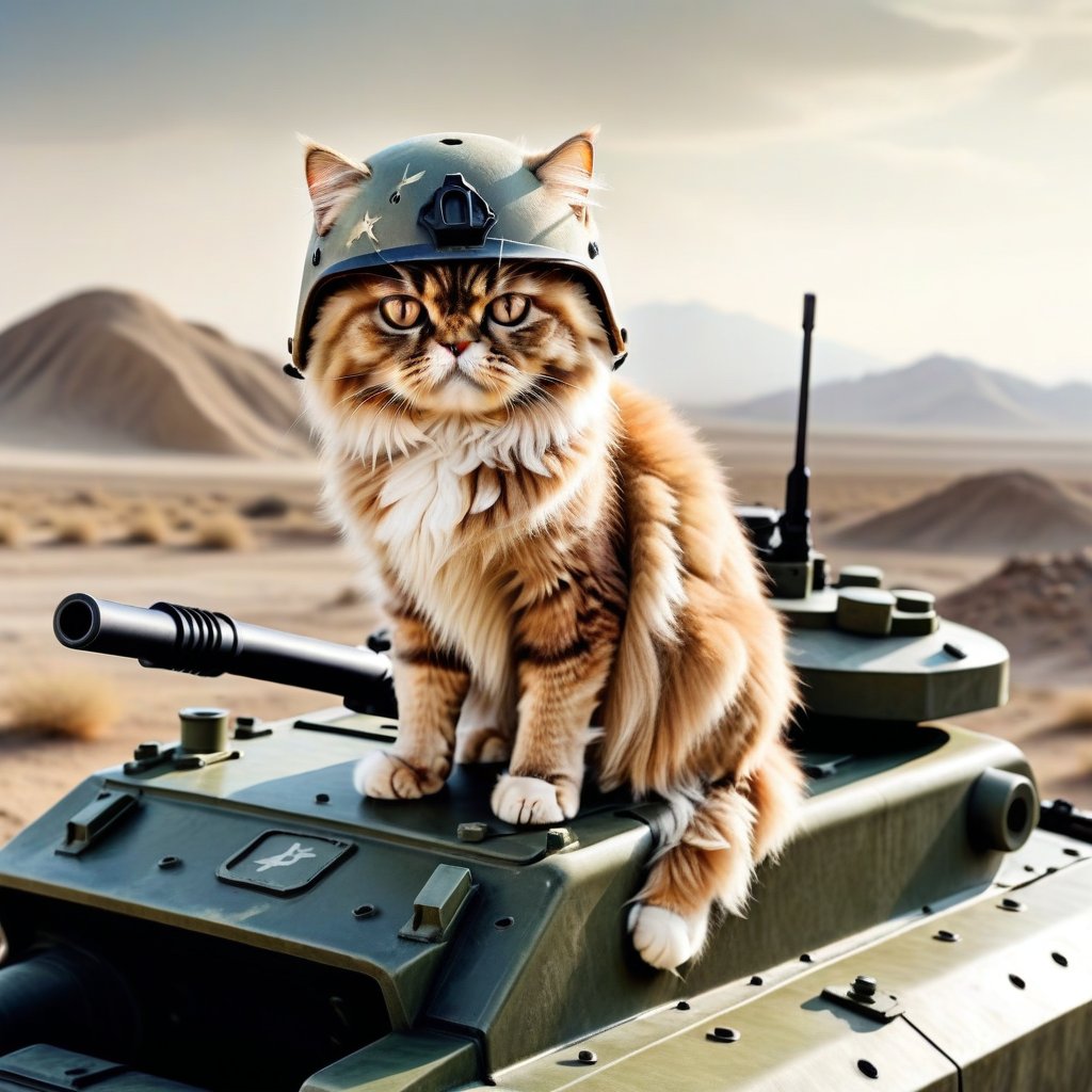 A Persian cat, full body, sitting on a tank, wearing a helmet, with a focused expression, aiming a rifle, set against a war-torn landscape, capturing the surreal image of a feline soldier.