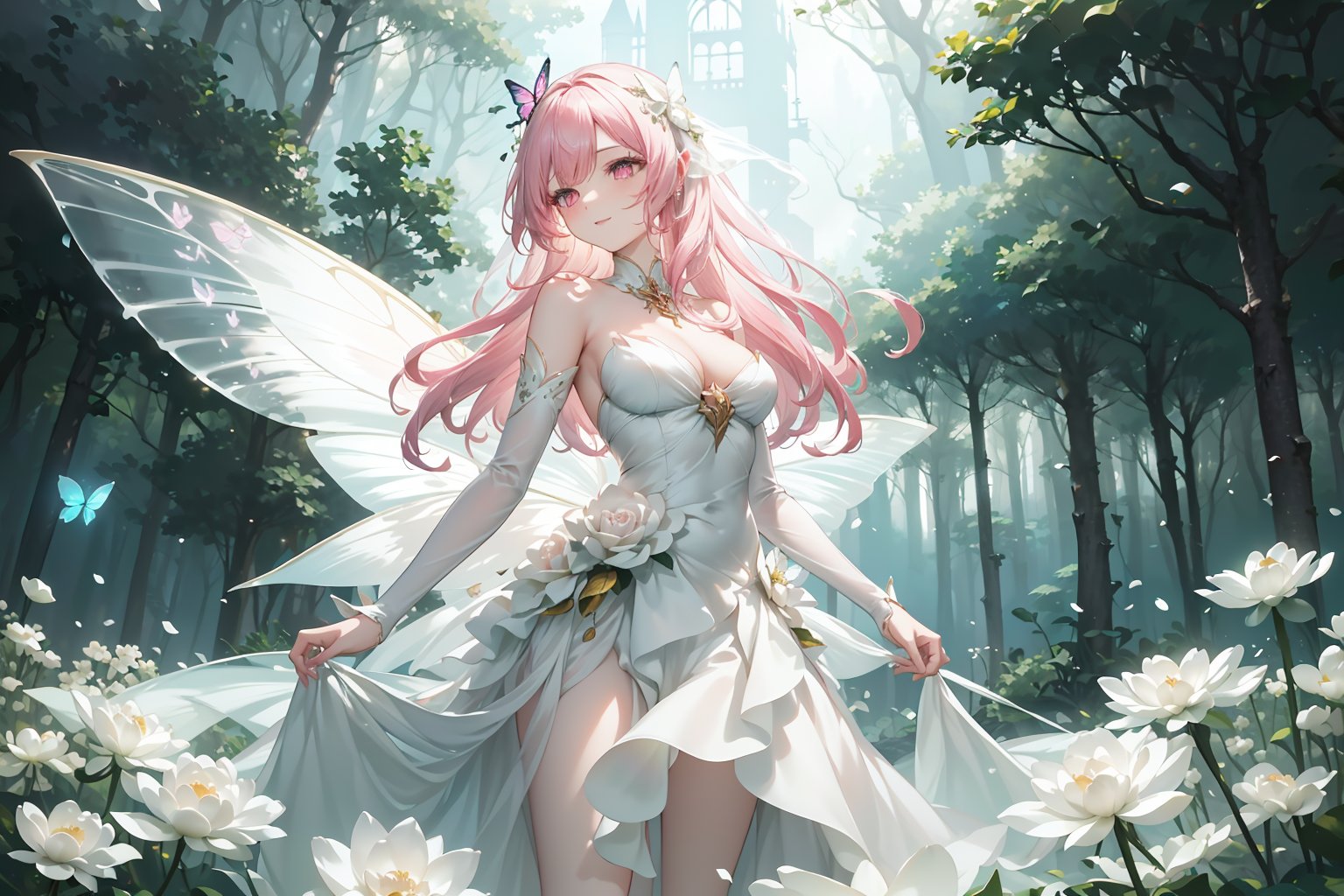 fairy, green nature, pink hair, pink eyes, white dress, long hair, flowing hair, gentle smile, graceful, elegant, beautiful, delicate features, rose-themed, floral accents, magical aura, fantasy setting, soft lighting, magical glow, whimsical, dreamlike, enchanting atmosphere, storybook-like, fairytale-inspired, surrounded by nature, magical creatures, enchanting forest, glowing flowers, butterfly accessories, delicate butterfly wings, gentle breeze, flowing dress, peaceful, serene, magical powers, glowing eyes, magical symbols, fairy tale castle, magical landscape, fantasy art, masterwork, high quality, ultra-detailed, ethereal beauty, otherworldly, fantasy lighting.",xuer Lotus leaf,DonM0m3g4,TinkerWaifu,Anigame ,glowwave,TDSVxxx,sks,firefliesfireflies,floral dress