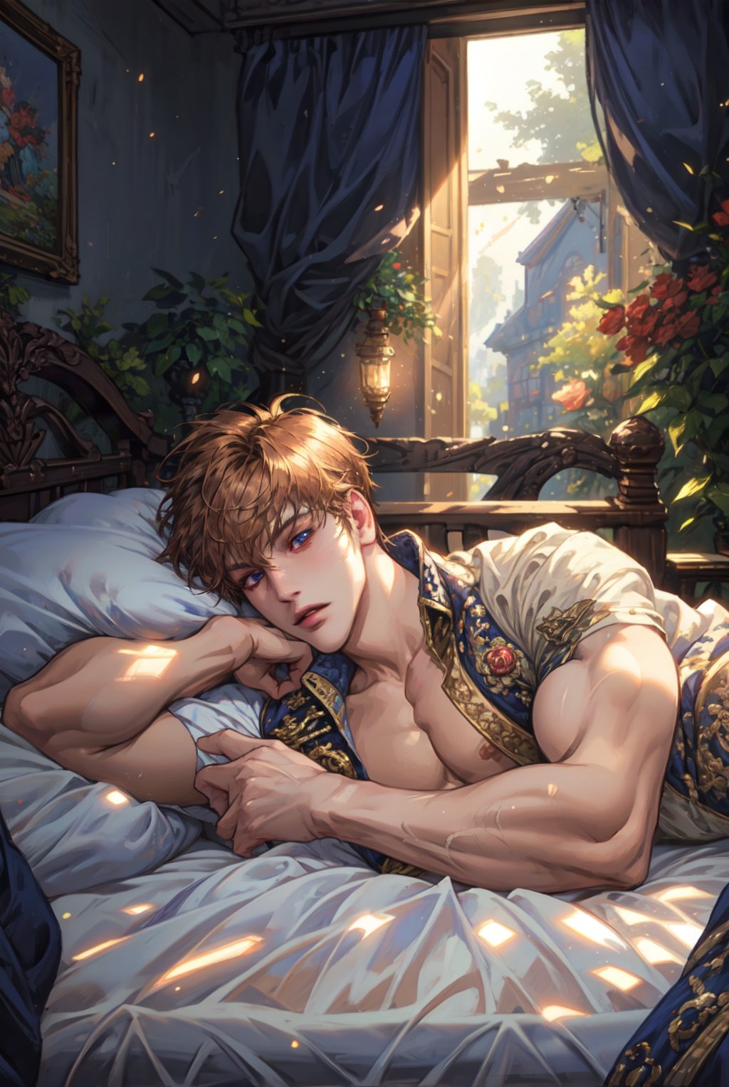 (masterpiece), best quality, high resolution, extremely detailed, detailed background, dynamic lighting, realistic, photorealistic, Prince, one man, just woke up look, handsome, sexy,lying in bed,1boy
