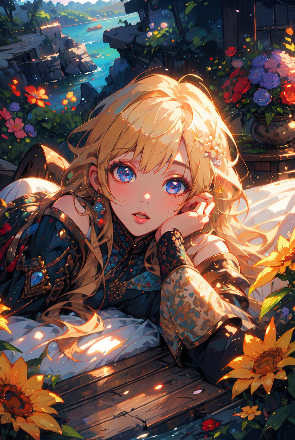 (masterpiece), best quality, high resolution, extremely detailed, detailed background, dynamic lighting, realistic, photorealistic, princess,1 girl,
blonde long hair, lying in a sea of flowers, one hand touching face, realistic