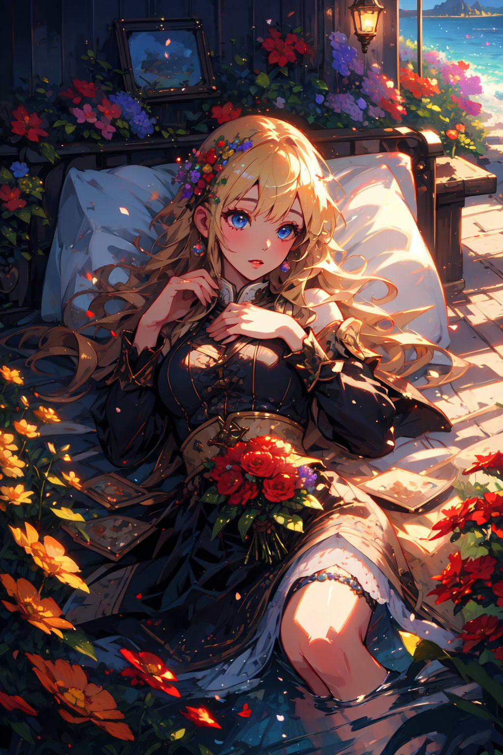 (masterpiece), best quality, high resolution, extremely detailed, detailed background, dynamic lighting, realistic, photorealistic, princess,1 girl,
blonde long hair, lying in a sea of flowers, one hand touching face, realistic