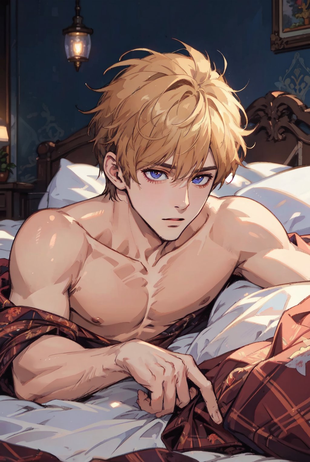 (masterpiece), best quality, high resolution, extremely detailed, detailed background, dynamic lighting, realistic, photorealistic, Prince, one man, just woke up look, handsome, sexy,lying in bed,1boy,1guy