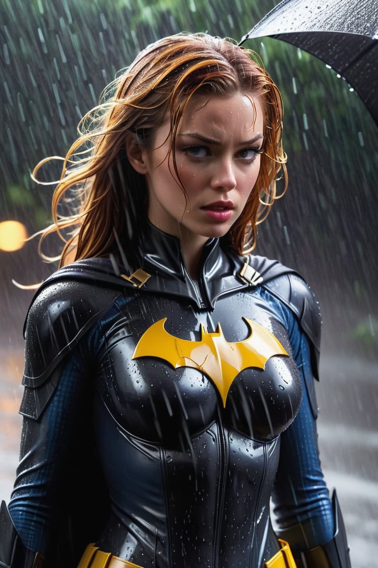 (masterpirce), attractive ((Doutzen Kroes:0.5),(Gisele Bundchen:0.5)) face during heavy rain, a woman in a suit posing for a picture, ( ( bat girl ) ), bat girl without mask, fierce look, angry face, frowning, yellow leotard suit, shoulder pads, red hair, bat girl drenched in the rain, hair drenched in rain, heavy rain, wet clothes, soaked hair, soaked hair, dripping hair, raindrops, clinging clothes, water dripping, black chrome chest plate, abdomen armor, covered abdomen, metal shoulder pads, highly detailed exquisite fanart, alena aenami and artgerm, by Jason Chan, futuristic style batgirl, beautiful digital artwork, batgirl!!!!!, bat girl, no mask, without a mask, Extremely Realistic