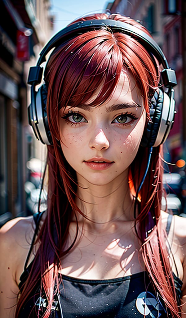 A beautiful italian girl, with red hair,headphones catstyle, a beautiful face. against the background of Detroid City