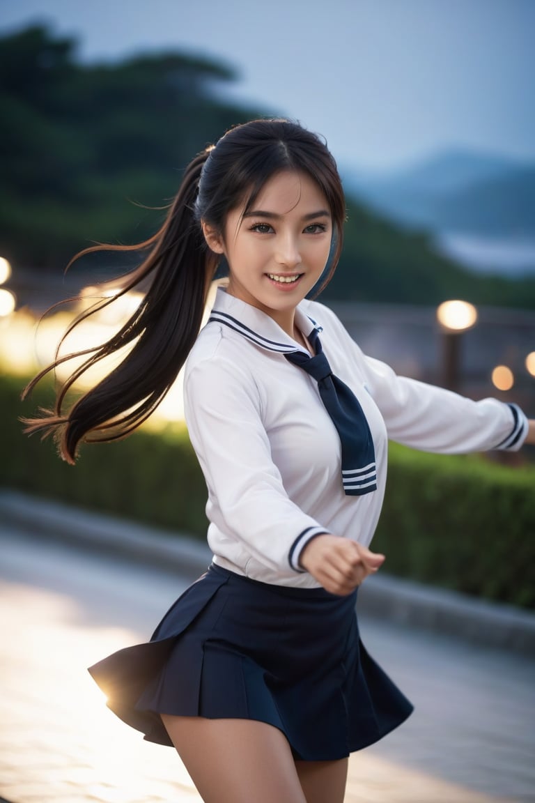 beautiful japan woman dancing, 1girl, (ponytail), black hair, (long hair), Action pose, Spinning, Full Body, as the wind blows her hair,
(smile), Slender, skinny,  thick eyebrows, 
(school uniform), (sailor uniform), ((black sailor tie)), (white sailor blouse), (dark skirt), (sexy white panties),
vibrant colors, sharp focus, best quality, depth of field, cinematic lighting, (illustration, 8k CG, extremely detailed), ultra-detailed, high resolution, firefliesfireflies, perfect light, highest quality, high resolution. best quality, illustration, (dynamic lighting:1.2), cinematic lighting, delicate facial features, detailed eyes, sharp pupils, realistic pupils, depth of field, bokeh, sharp focus, (hyper-detailed, bloom, glow:1.4),nodf_lora,sexy asian,lemon0043,zdyna_pose