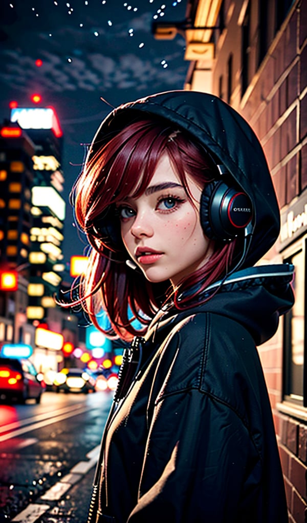 A beautiful italian girl, with red hair,headphones catstyle, a beautiful face. sweather with hood, against the background of Detroid City, night shot, cowboy_shot