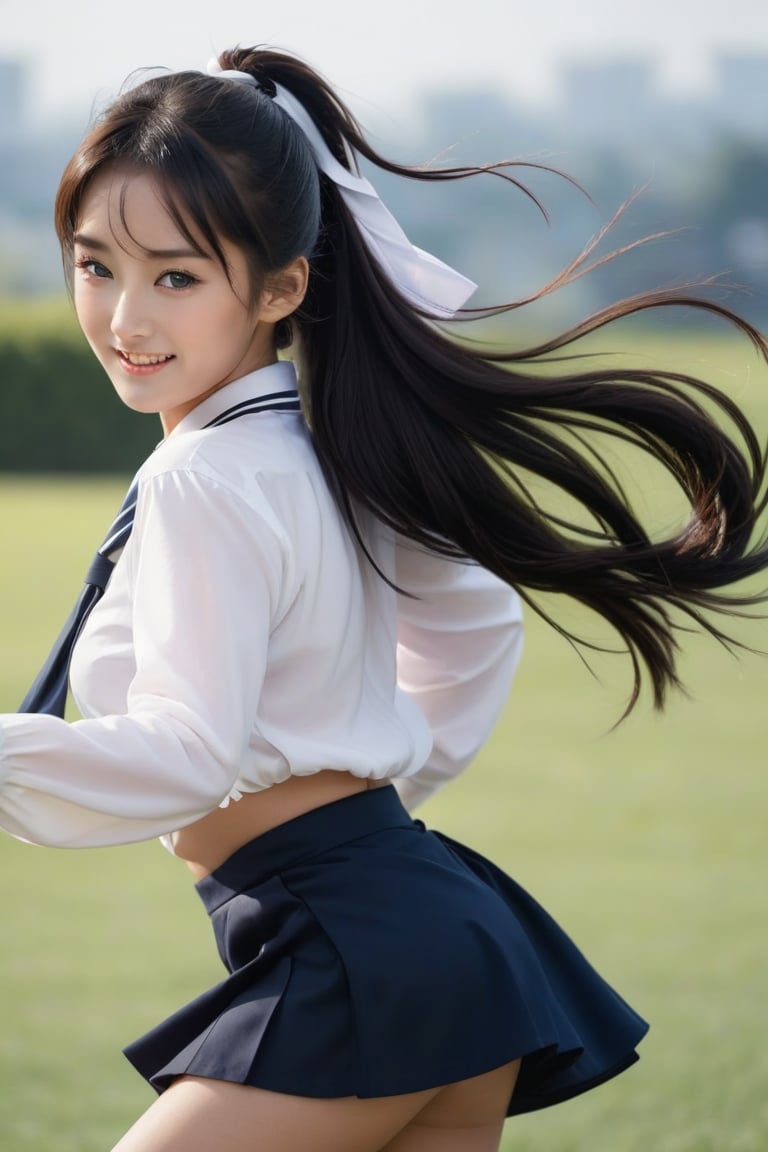 beautiful japan woman dancing, 1girl, (ponytail), black hair, (long hair), Action pose, Spinning, Full Body, as the wind blows her hair,
(smile), Slender, skinny,  thick eyebrows, 
(school uniform), (sailor uniform), ((black sailor tie)), (white sailor blouse), (dark skirt lifted by the wind), ( white panties),
vibrant colors, sharp focus, best quality, depth of field, cinematic lighting, (illustration, 8k CG, extremely detailed), ultra-detailed, high resolution, firefliesfireflies, perfect light, highest quality, high resolution. best quality, illustration, (dynamic lighting:1.2), cinematic lighting, delicate facial features, detailed eyes, sharp pupils, realistic pupils, depth of field, bokeh, sharp focus, (hyper-detailed, bloom, glow:1.4),nodf_lora,sexy asian,lemon0043,zdyna_pose,pussy