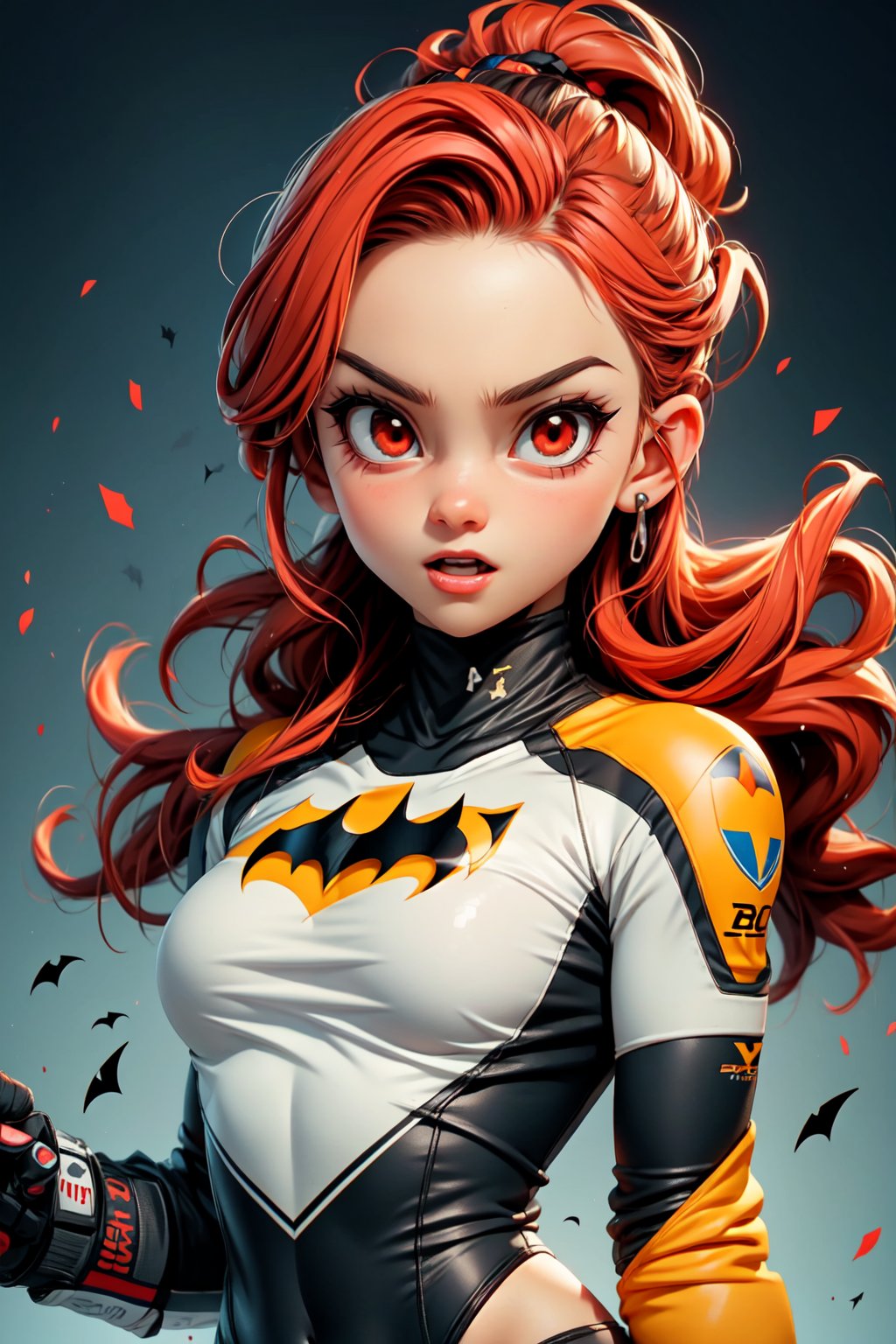 (best quality), (UHQ, 8k, high resolution), Generate a pixel art masterpiece featuring a solo anime girl with a sporty, moto-inspired aesthetic. The character boasts vibrant, electric red hair, and her red eyes gleam with intensity. Dressed in a cutting-edge MotoGP racing suit with batman logos, she strikes a dynamic and confident pose. The atmosphere should convey a thrilling sense of speed and victory, with the character radiating charm and charisma, subtly expressing a connection with the viewer. Ensure the pixel art is of ultra resolution, adopting a dynamic aspect ratio, and capturing the essence of 'simple --niji' and 'kpop girl' styles. Emphasize the character's forehead, sleek physique, and infuse the scene with an energetic and endearing expression.