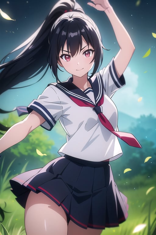anime style beautiful woman, 1girl, (ponytail), black hair, (long hair), Action pose, 
(smile), Slender, skinny,  thick eyebrows, 
(school uniform), (sailor uniform), ((red sailor tie)), (white sailor blouse), (dark skirt), white panties,
vibrant colors, sharp focus, best quality, depth of field, cinematic lighting, (illustration, 8k CG, extremely detailed), ultra-detailed, high resolution, firefliesfireflies, perfect light, 
stylish pose, 8k, very clear, highest quality, high resolution. best quality, illustration, sax blue, 1girl, cute, (dynamic lighting:1.2), cinematic lighting, delicate facial features, detailed eyes, sharp pupils, realistic pupils, depth of field, bokeh, sharp focus, (hyper-detailed, bloom, glow:1.4) Windy
