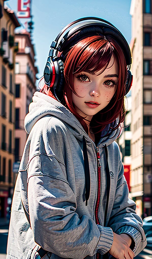 A beautiful italian girl, with red hair,headphones catstyle, a beautiful face. sweather with hood, against the background of Detroid City, cowboy_shot