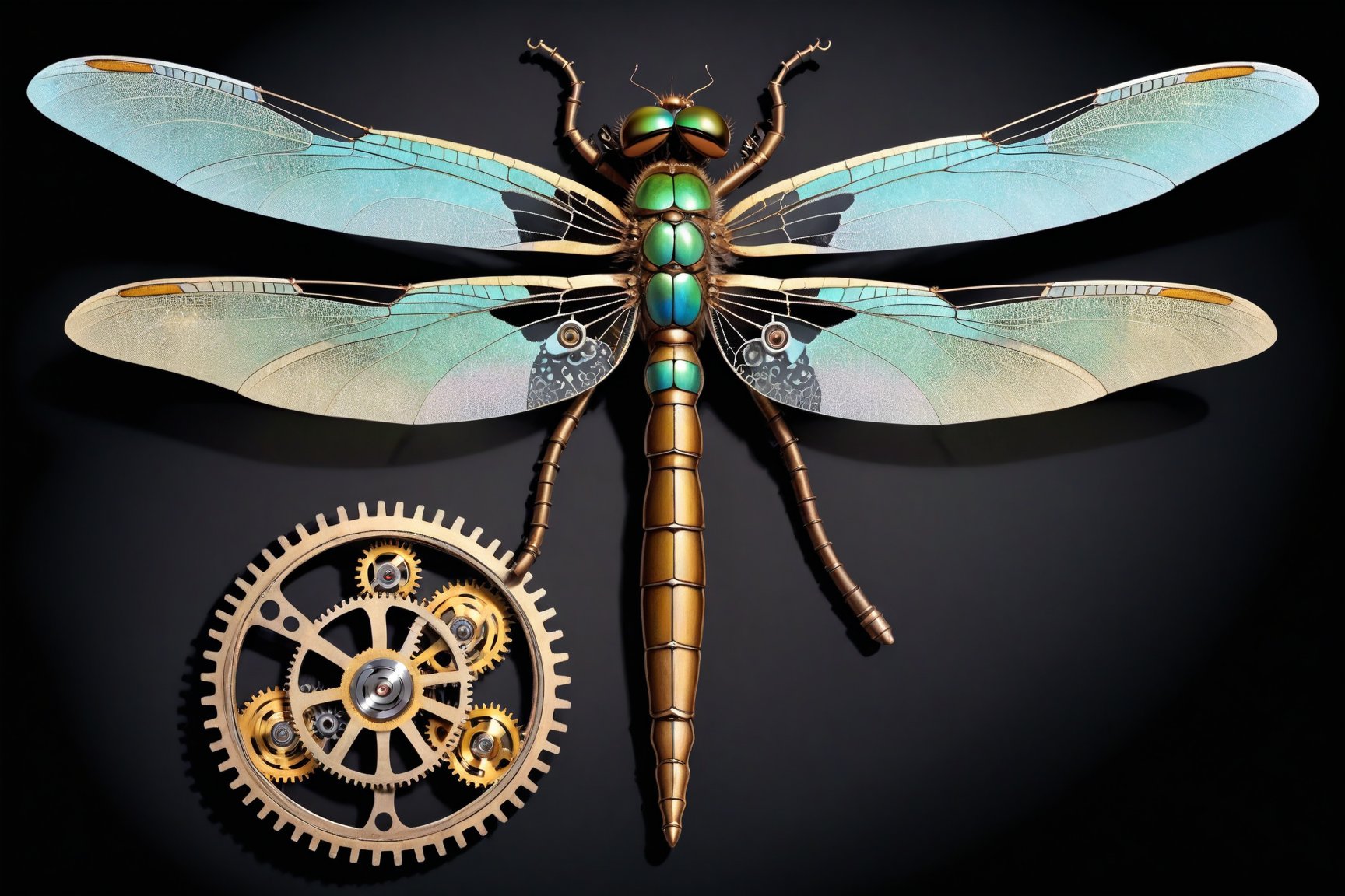 Generates a detailed steampunk style image with pastel colors and golden brown of a dragonfly seen from above. The dragonfly must be adorned with intricate gears and mechanical elements that imitate its natural structure. The image must be high resolution and show a perfect fusion between the organic and the mechanical, black background,DonMSt34mPXL,steampunk,steampunk style