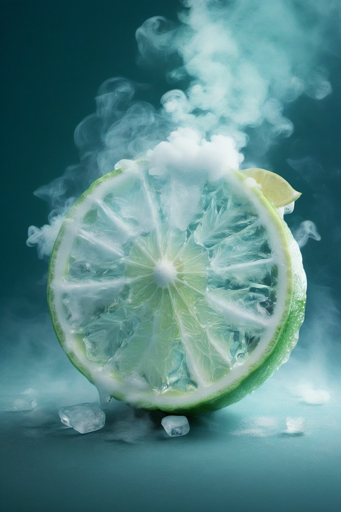 a lime,ice,  smoke, in the fantasy garden