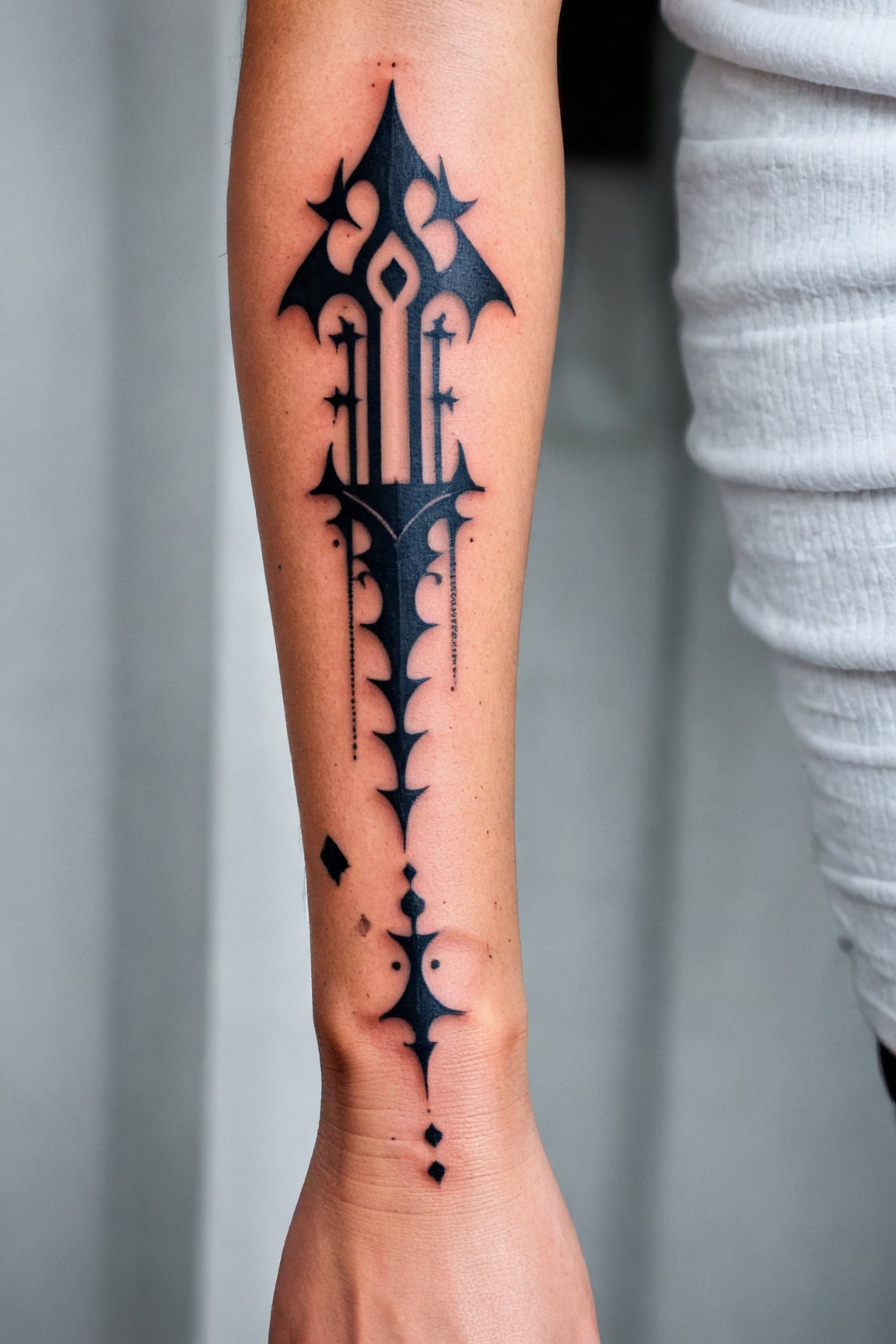 Tattoo on wrist, tattoo design, woman's arm with a neogothic tattoo on the left side of the arm