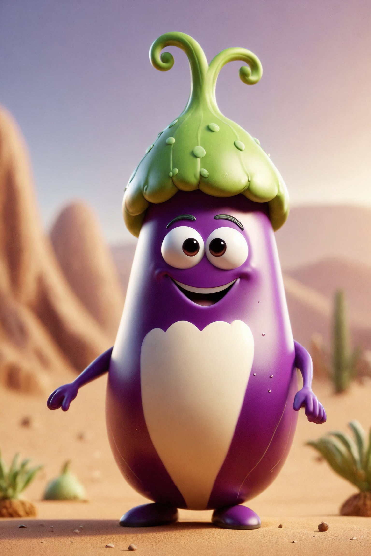 Epic characte cute buy style pixar of god of a bell eggplant, full body mistic composition in a desert