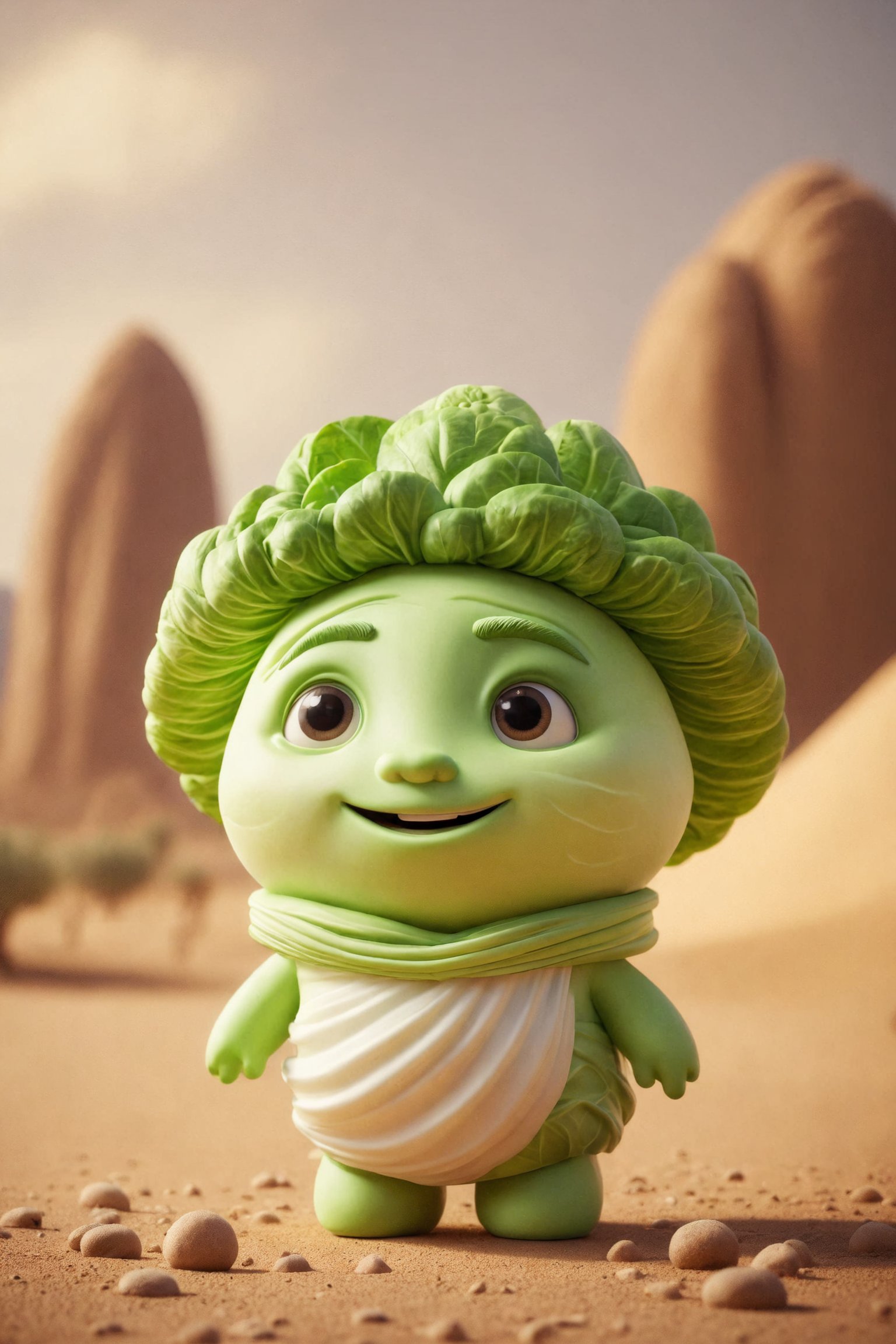 Prompt: epic characte cute buy style pixar of god of a lettuce, full body mistic composition in a desert
