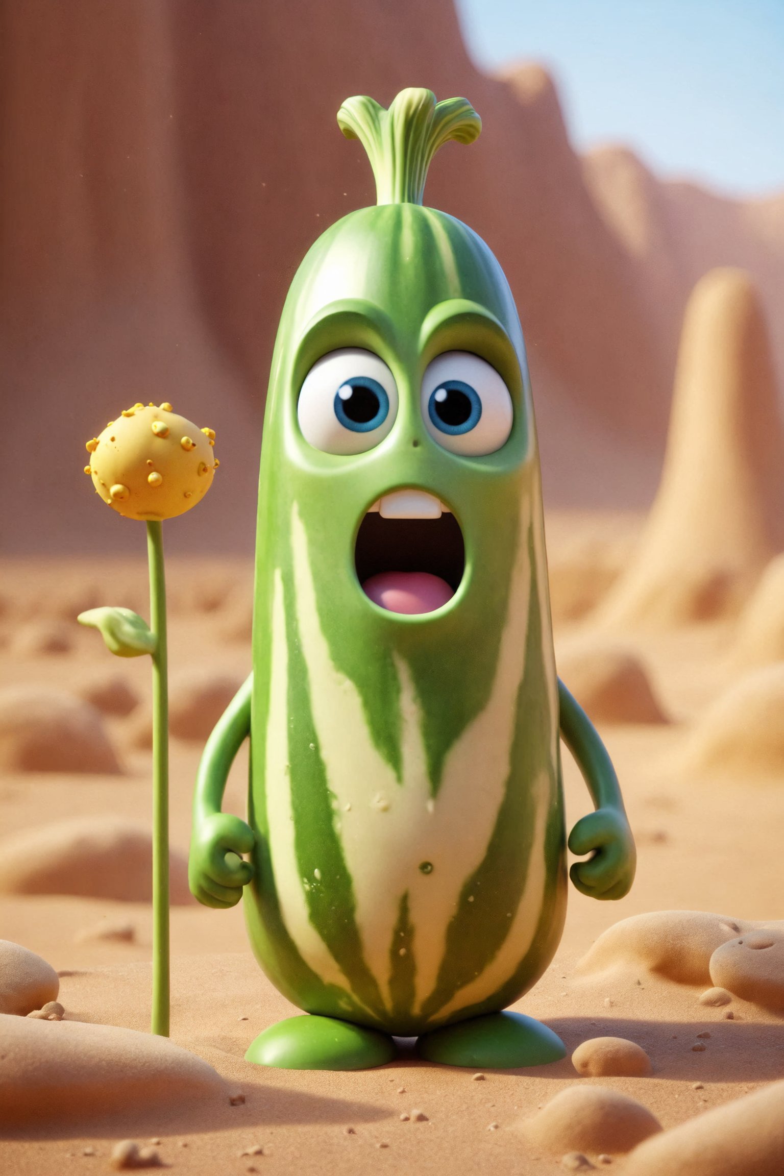 Epic characte cute style pixar of god of a bell zucchini, full body mistic composition in a desert