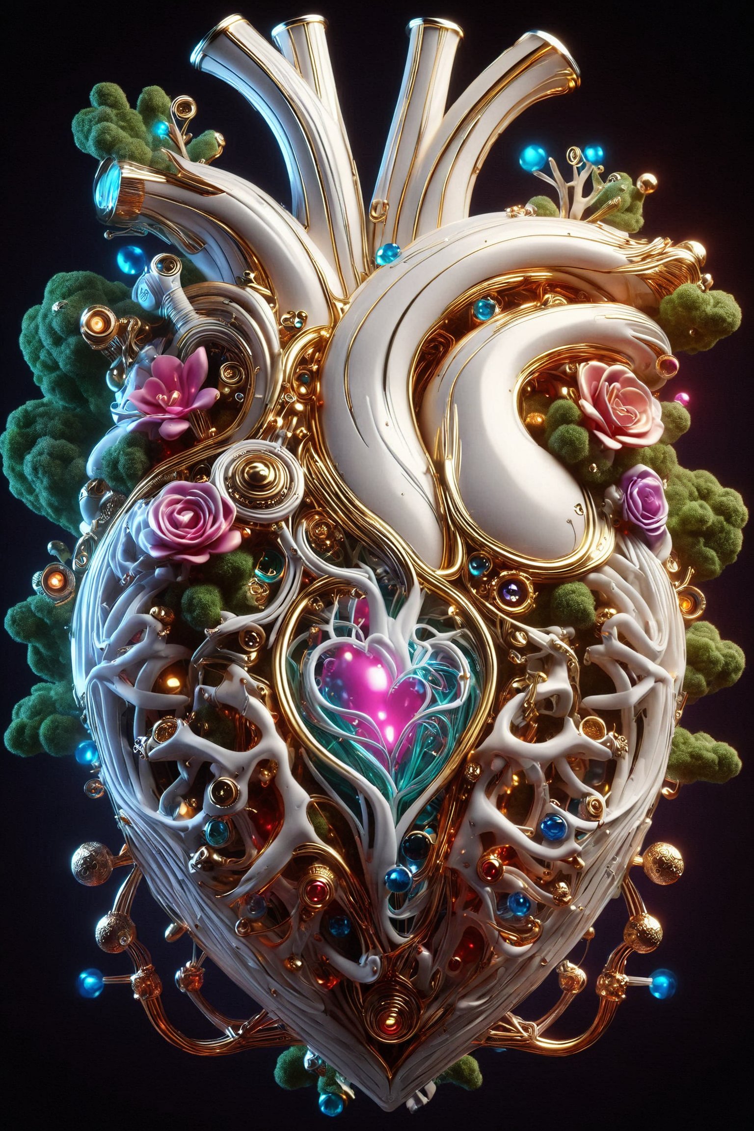 A human heart with neon pipes, gold gears, small roses and moss growing between its arteries and veins, covered with an intricate structure of technology and moss, with details of jewelry and precious stones, neon pipes and lights, futuristic plastic details white with multicolored iridescent lights and neon liquid, holographic effect and natural cyborg style, biotechnological, organic, natural biopunk, parametric and organic biomimetic, detailed photo, rendering, 16K, a visually impressive and immersive work of art, on a black background
