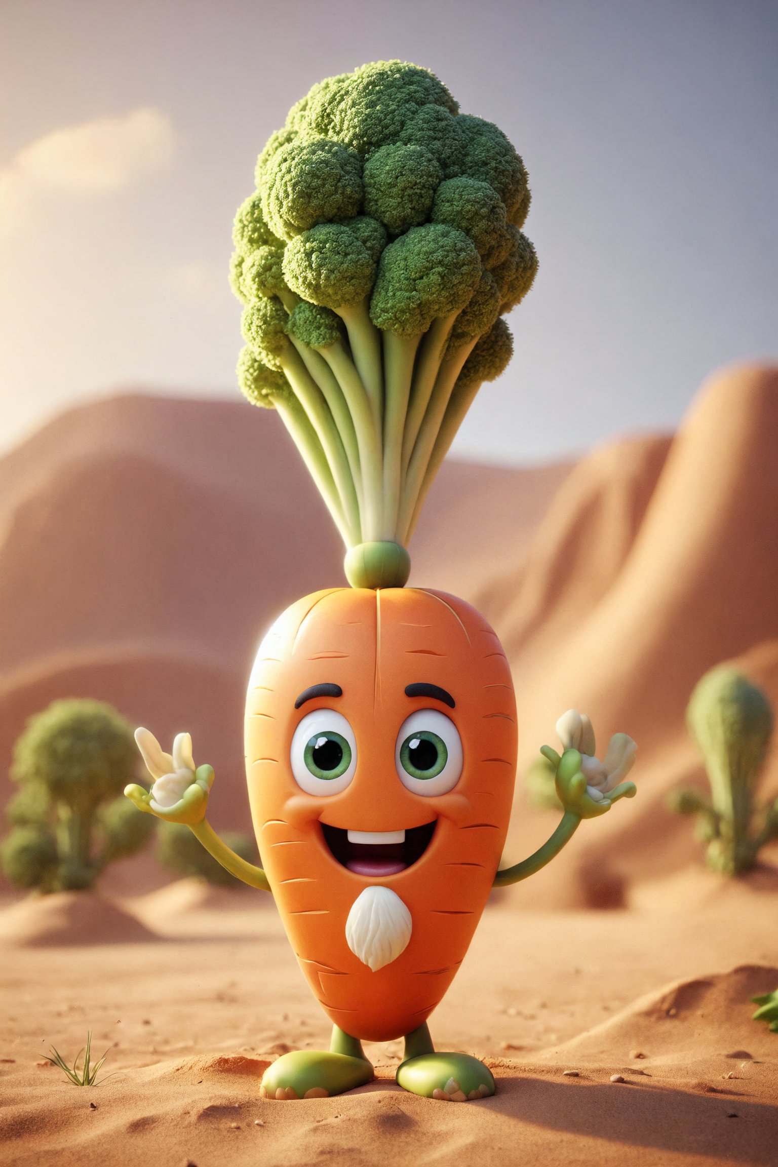 Epic characte cute buy style pixar of god of a carrot, full body mistic composition in a desert