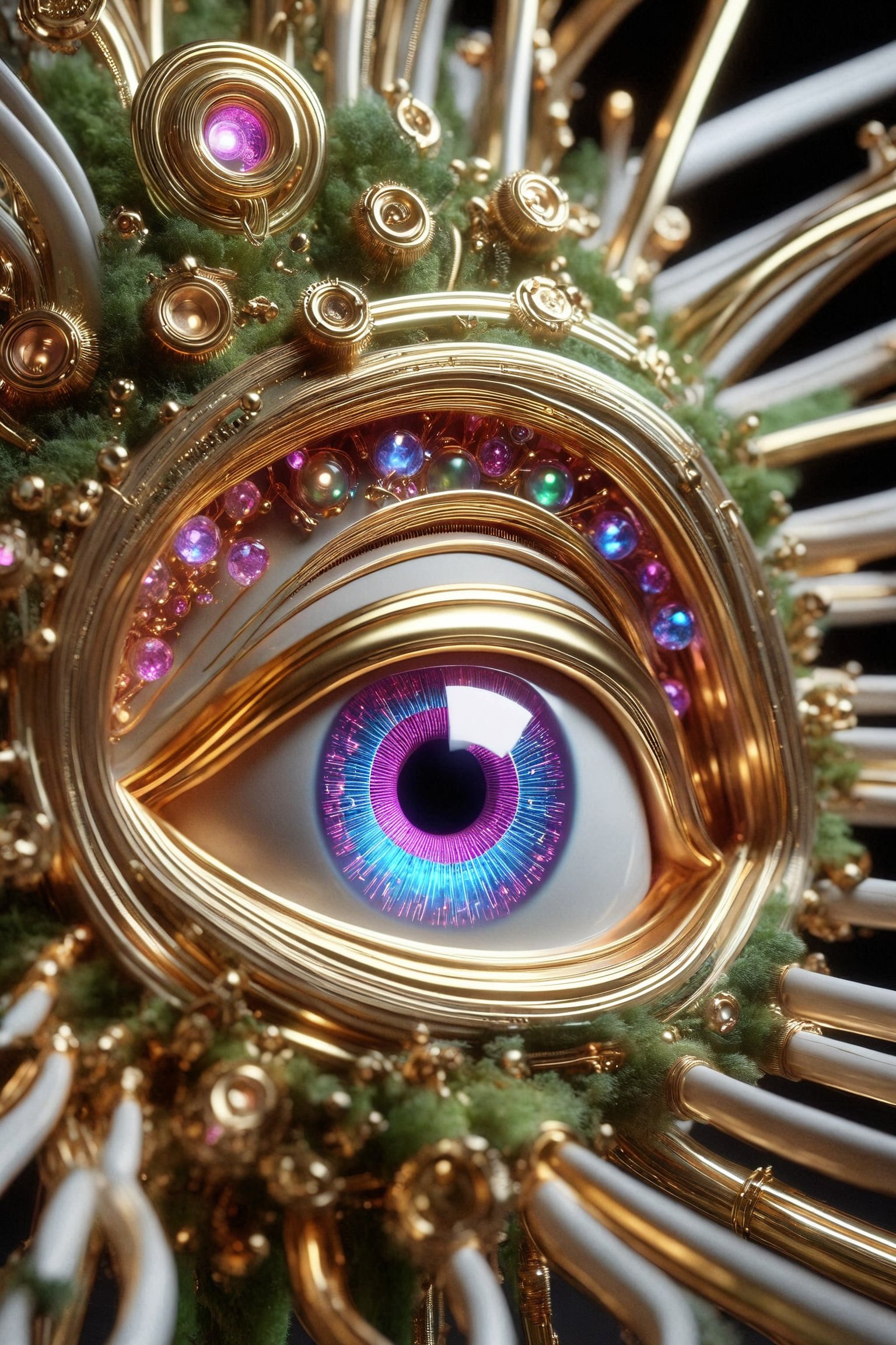 A human eye with neon pipes, gold gears, moss growing between its arteries and veins, covered with an intricate structure of technology, precious stones, neon hoses, futuristic white plastic details with iridescent colored lights and neon liquid, holographic effect and natural cyborg style, biotechnological, organic, natural biopunk, parametric and organic biomimetic, detailed photo, rendering, 16K, a visually impressive and immersive work of art, on black background