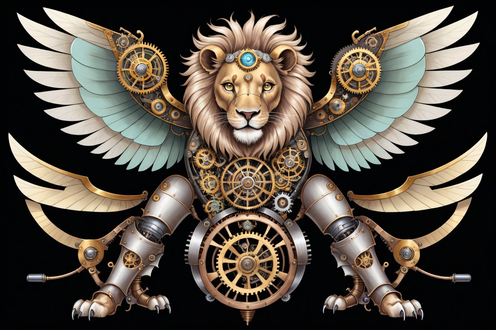 Generates a detailed steampunk style image with pastel colors and golden brown of a lion with wing seen from above. The beetle must be adorned with intricate gears and mechanical elements that imitate its natural structure. The image must be high resolution and show a perfect fusion between the organic and the mechanical, black background,DonMSt34mPXL,steampunk,steampunk style