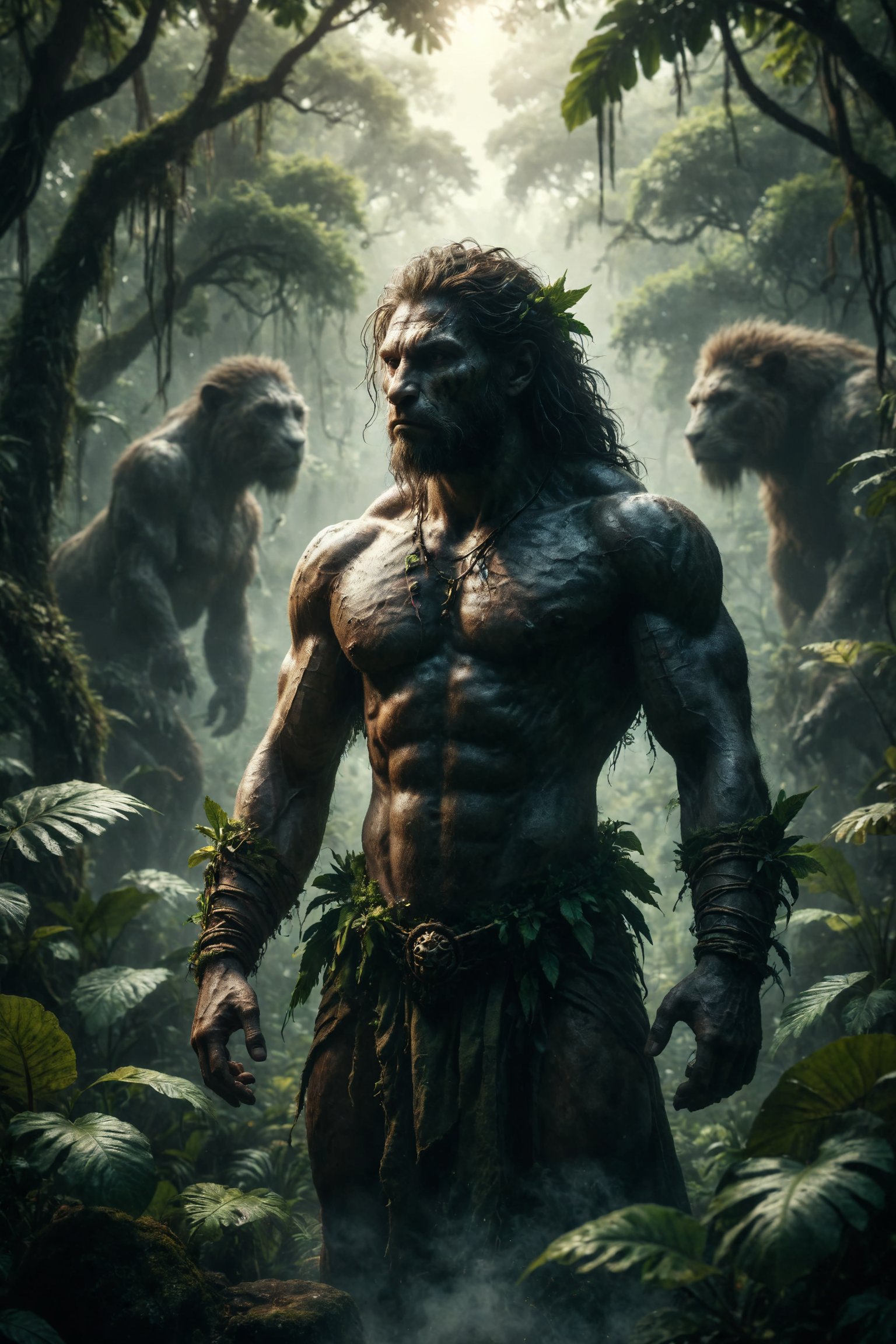 god of  the jungle  full body man, epic mistic composition