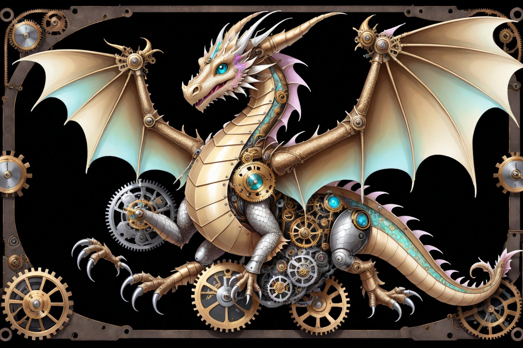 Generates a detailed steampunk style image with pastel colors and golden brown of a dragon with wing seen from above. The beetle must be adorned with intricate gears and mechanical elements that imitate its natural structure. The image must be high resolution and show a perfect fusion between the organic and the mechanical, black background,DonMSt34mPXL,steampunk,steampunk style