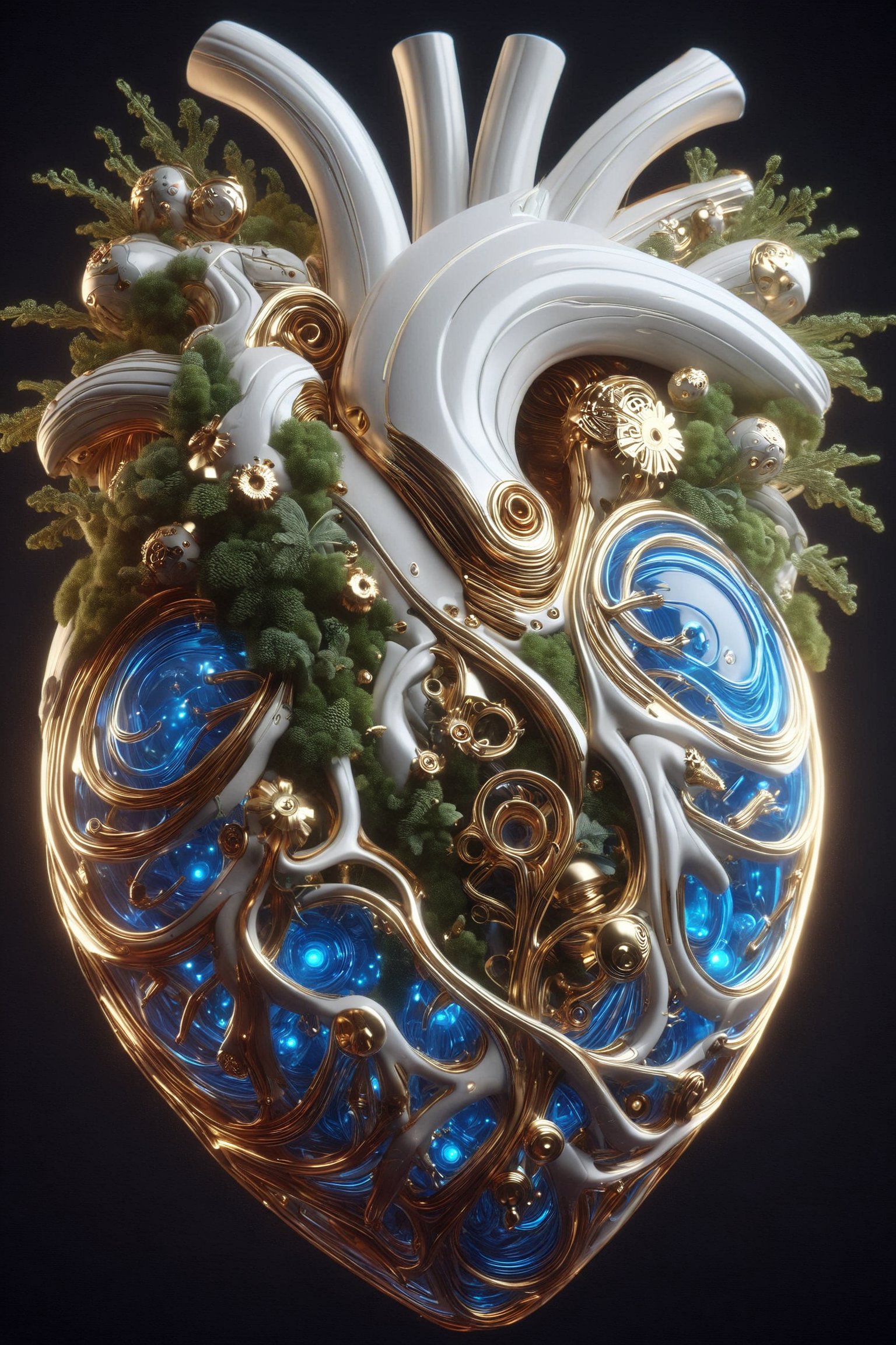 A human heart with neon pipes, gold gears, small flowers and moss growing between its arteries and veins, covered with an intricate structure of technology and moss, futuristic white plastic details with blue neon lights and water, holographic effect and cyborg style natural, biotechnological, organic, natural biopunk, parametric and organic biomimetic, detailed photo, rendered, 16K, a visually stunning and immersive work of art. in a black background

