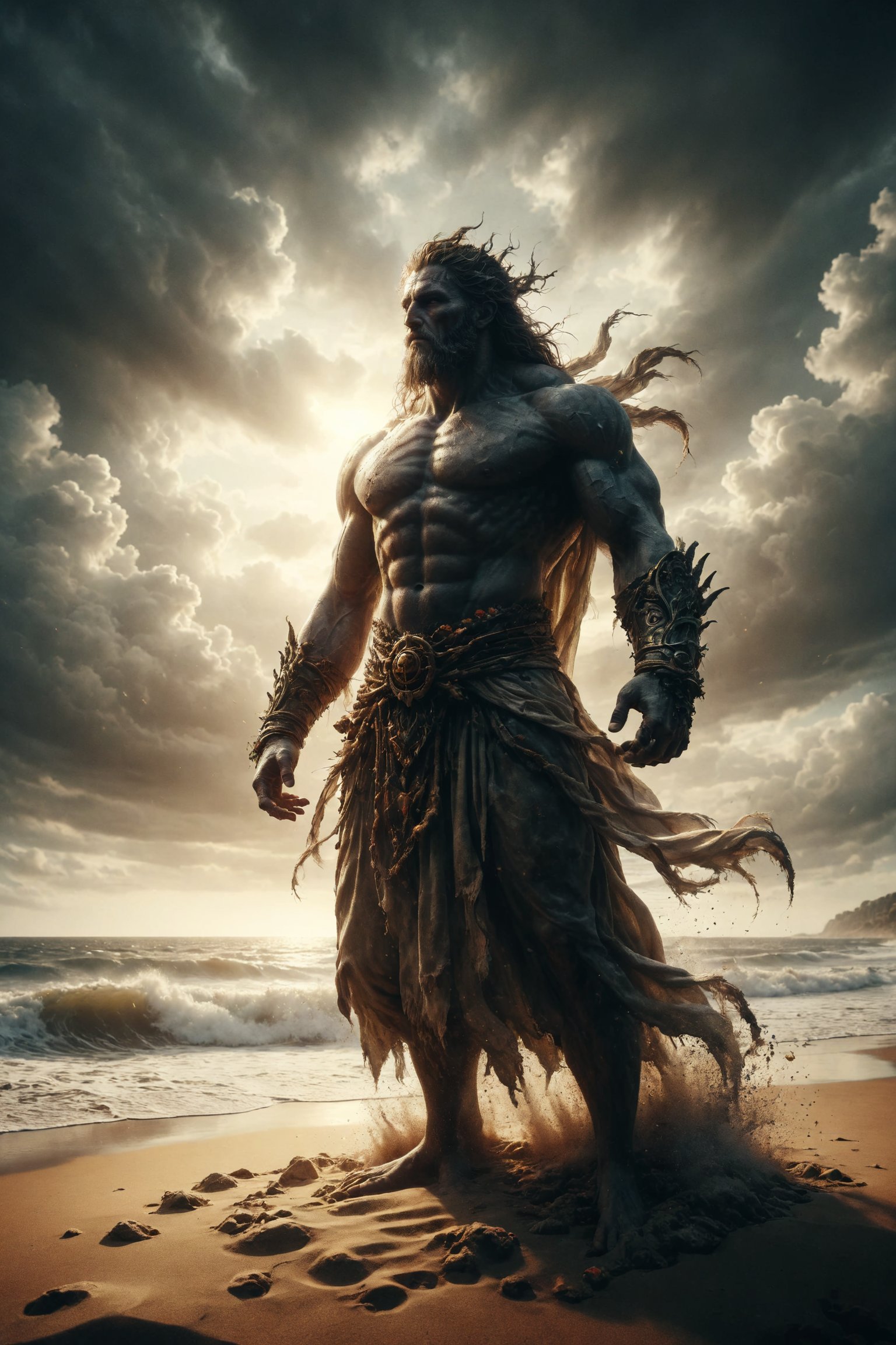  god of  the beachs, epic pose, full body, epic mistic composition