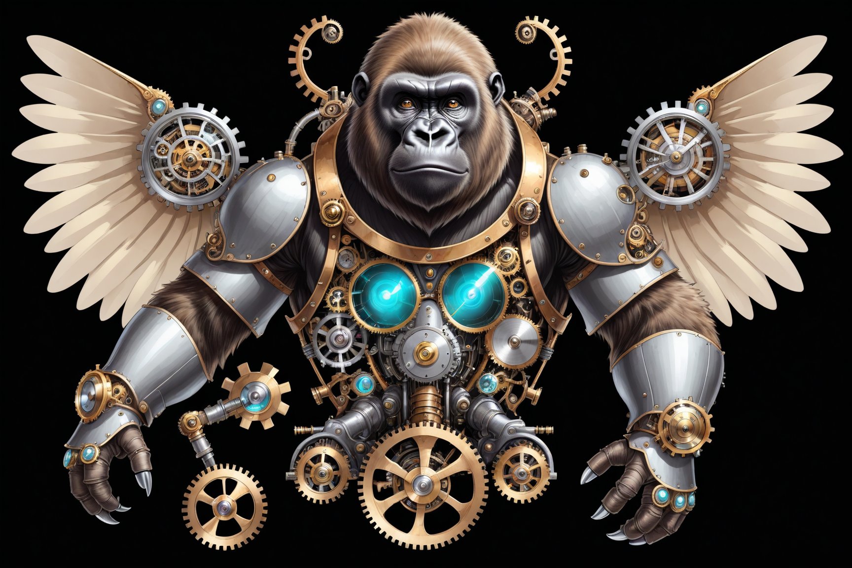 Generates a detailed steampunk style image with pastel colors and golden brown of a gorilla with wing seen from above. The beetle must be adorned with intricate gears and mechanical elements that imitate its natural structure. The image must be high resolution and show a perfect fusion between the organic and the mechanical, black background,DonMSt34mPXL,steampunk,steampunk style