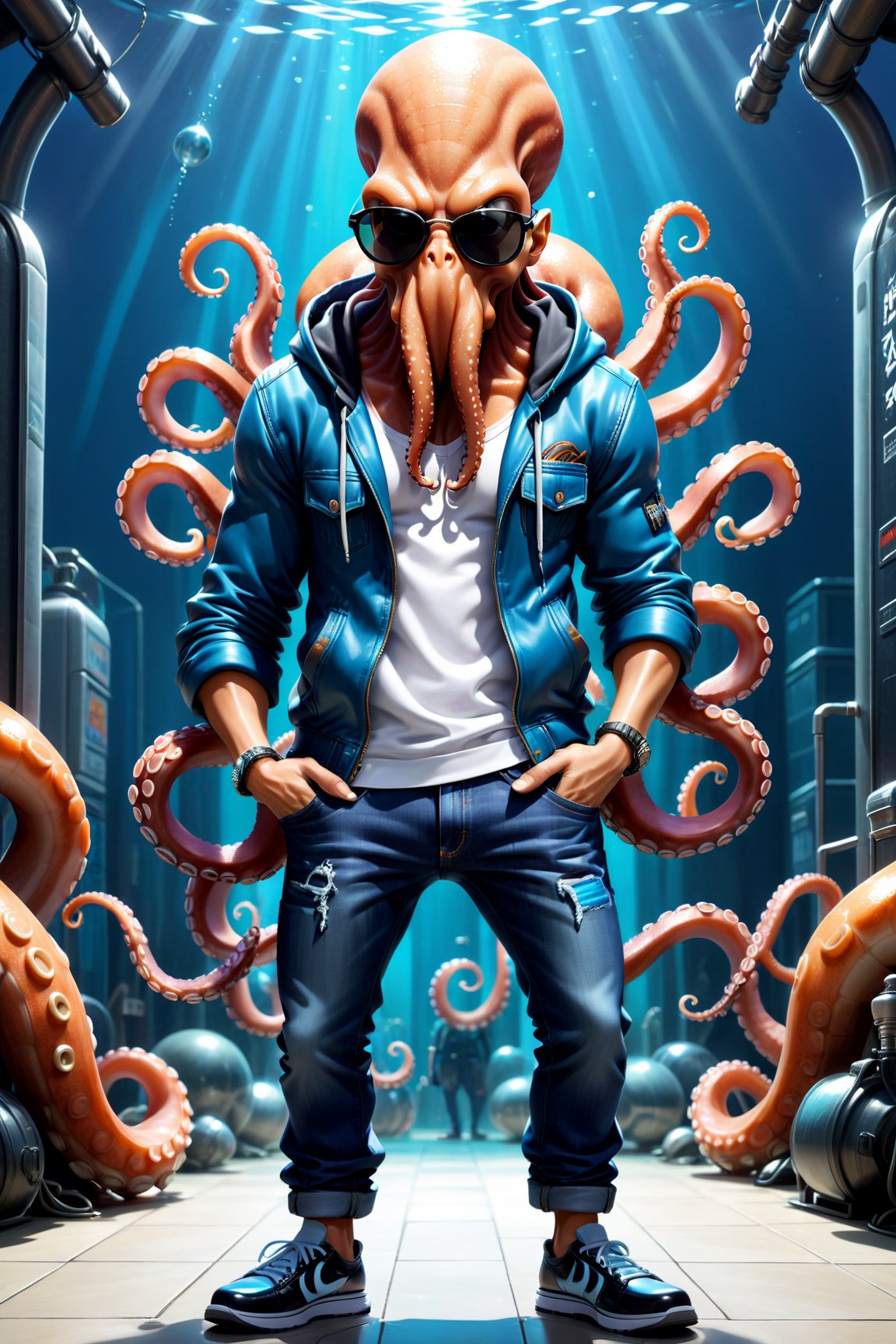 Create a perfect 3D style image of a octopus with a tank top, hooded jacket, jeans, cool sunglasses and shoes. Capture the attitude of this elegant character, with his hands casually placed inside his pants pockets, he must be located in a nightclub