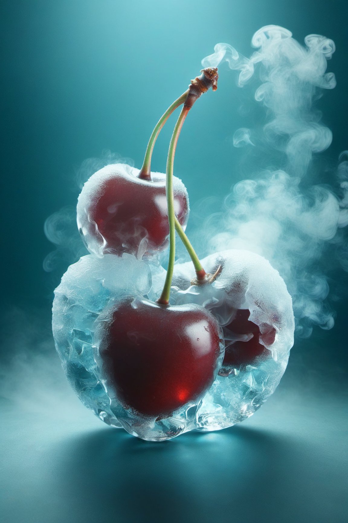 a cherry,ice,  smoke, in the fantasy garden