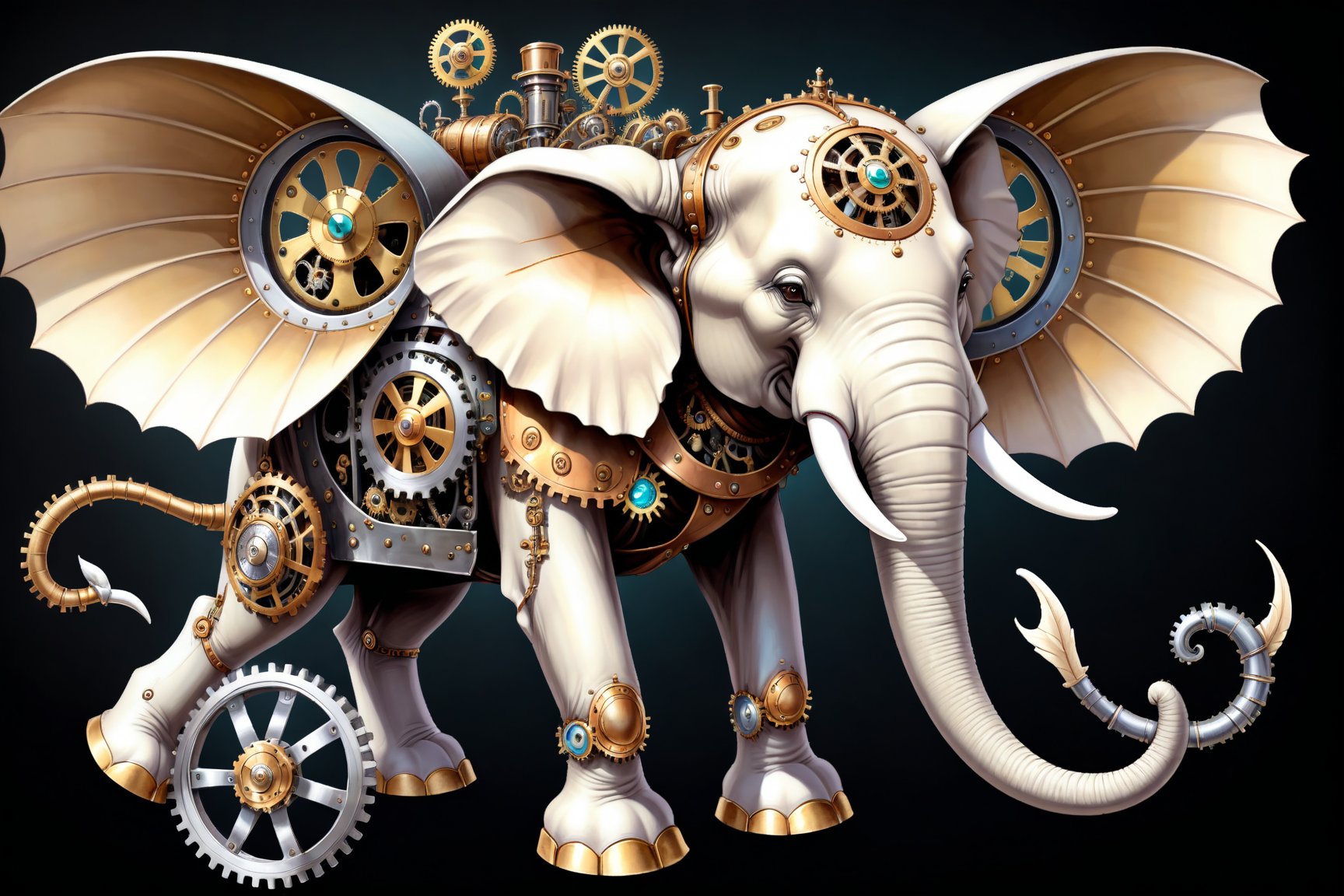 Generates a detailed steampunk style image with pastel colors and golden brown of a elephant with wing seen from above. The beetle must be adorned with intricate gears and mechanical elements that imitate its natural structure. The image must be high resolution and show a perfect fusion between the organic and the mechanical, black background,DonMSt34mPXL,steampunk,steampunk style