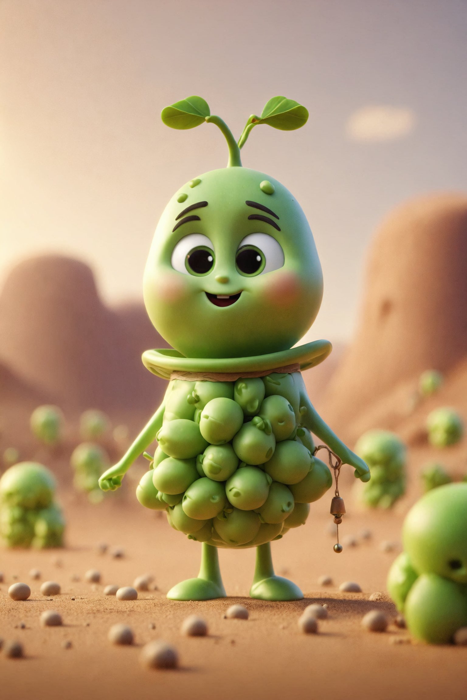 Epic characte cute buy style pixar of god of a bell peas, full body mistic composition in a desert