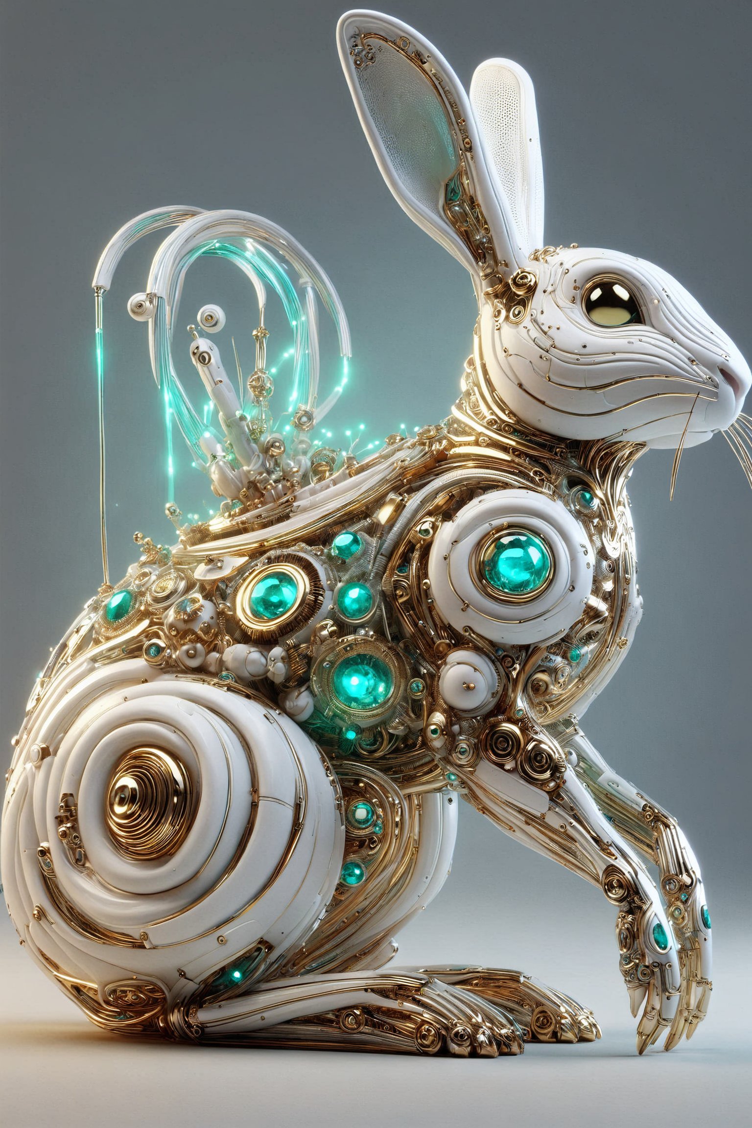 A rabbit with neon pipes, gold gears, covered with an intricate structure of technology, precious stones, neon hoses, futuristic white plastic details with iridescent colored lights and neon liquid, holographic effect and natural cyborg style, biotechnological, organic, natural biopunk, parametric and organic biomimetic, detailed photo, rendering, 16K, a visually impressive and immersive work of art, in a interesting luxury background