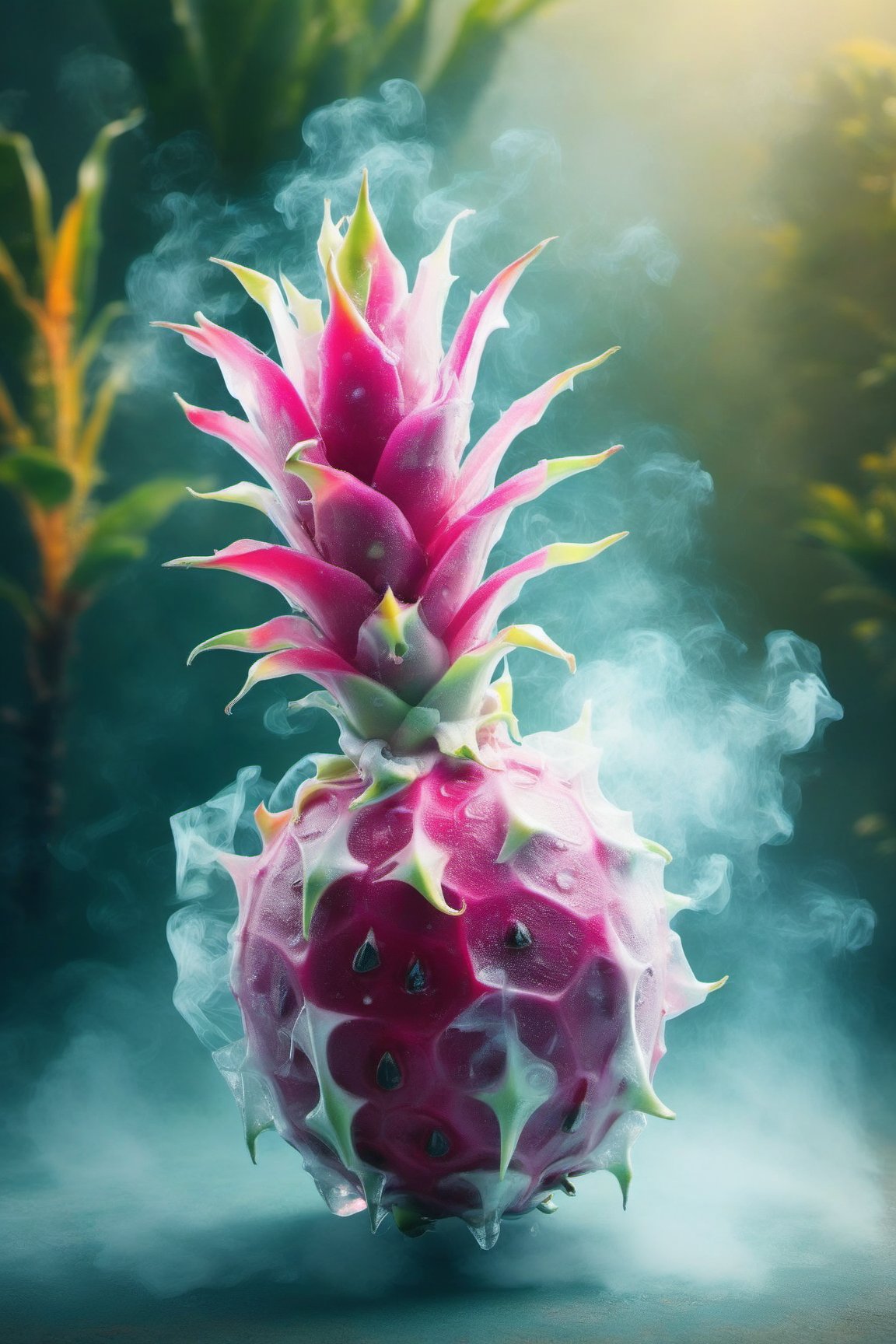 a dragon fruit,ice,  smoke, in the fantasy garden