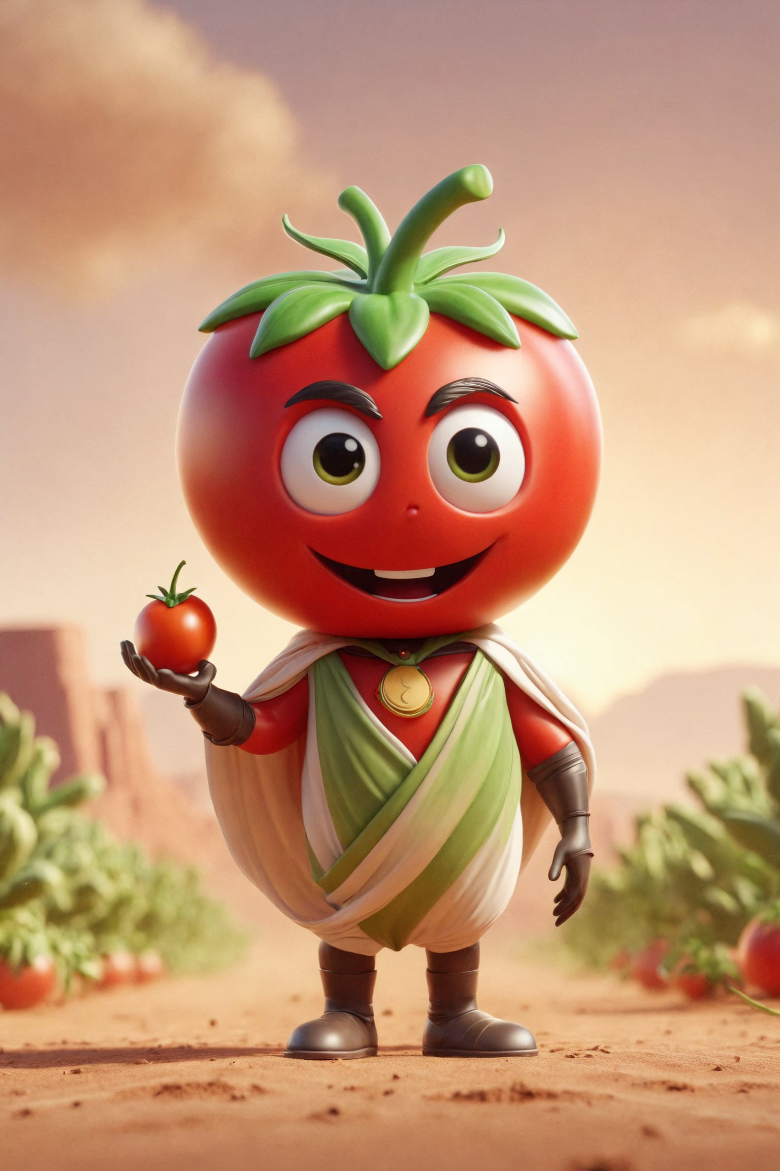 Epic characte cute buy style pixar of god of a tomato, full body mistic composition in a desert
