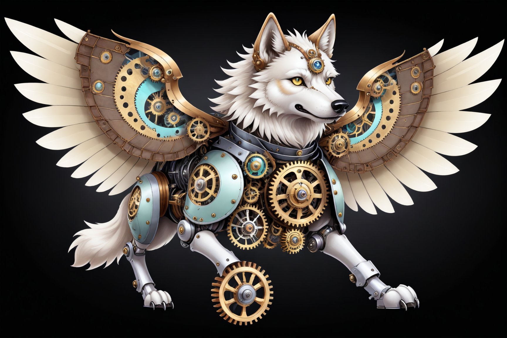 Generates a detailed steampunk style image with pastel colors and golden brown of a wolf with wing seen from above. The beetle must be adorned with intricate gears and mechanical elements that imitate its natural structure. The image must be high resolution and show a perfect fusion between the organic and the mechanical, black background,DonMSt34mPXL,steampunk,steampunk style