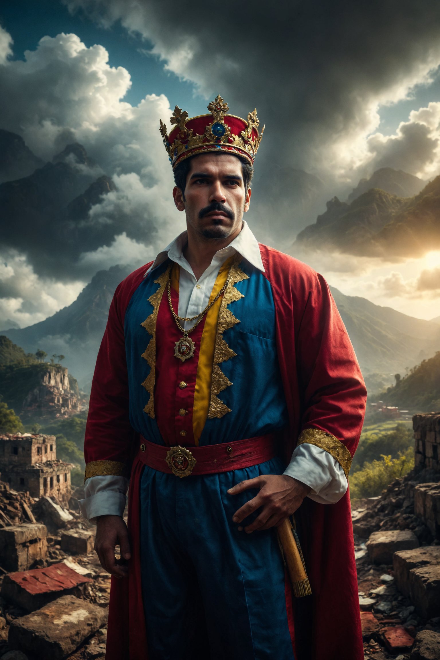 Epic and representative composition of the king god of venezuelaa, representing the venezuelan working man, with typical attire and colors of his country, located in a tipical landscape of this country