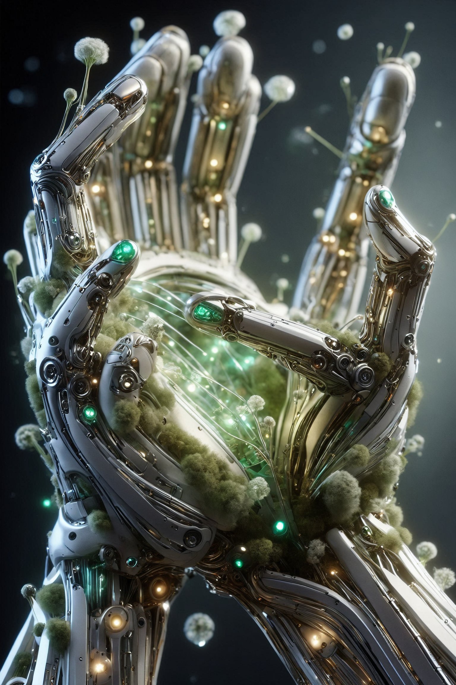 Human hands and cybernetic prostheses fused, making a gesture of gratitude towards a brilliant light emanating from precious crystals embedded in a biopunk urban structure, adorned with mosses and small mechanical flowers.  holographic effect and natural cyborg style, biotechnological, organic, natural biopunk, parametric and organic biomimetic, detailed photo, rendering, 16K, a visually impressive and immersive work of art, on black background