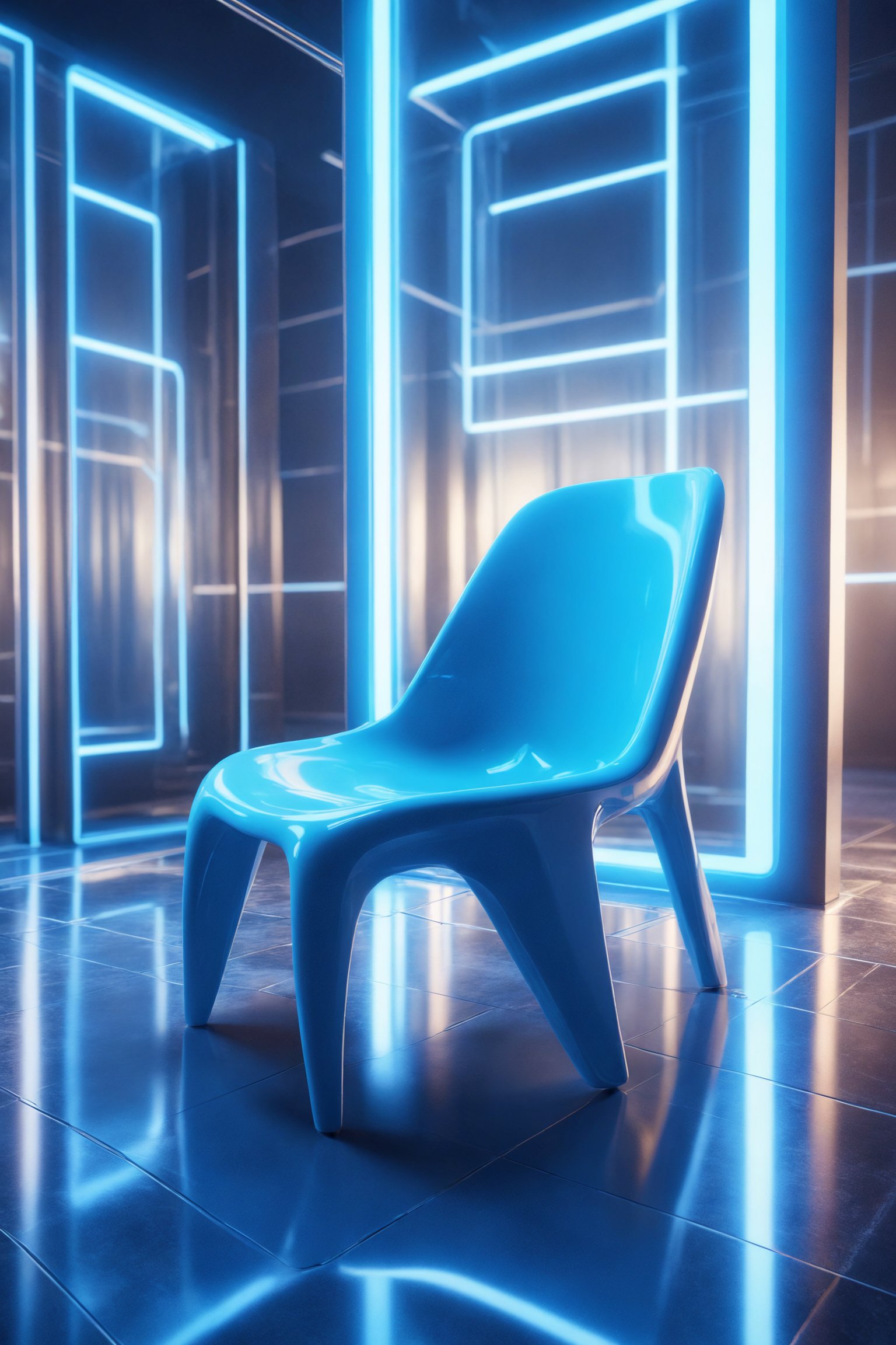 A futuristic organic shapes plastic chair blue parked on the mirror surface of an abstract geometric structure in a hightech style, surrounded by blue light strips, reflection photography, hyper quality, bright background, advertising photography, advertising poster, high resolution, hyperrealistic rendering