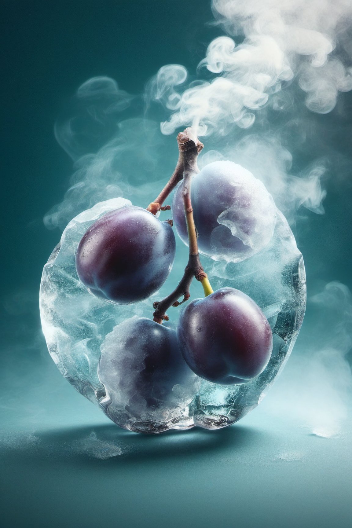 a plum,ice,  smoke, in the fantasy garden