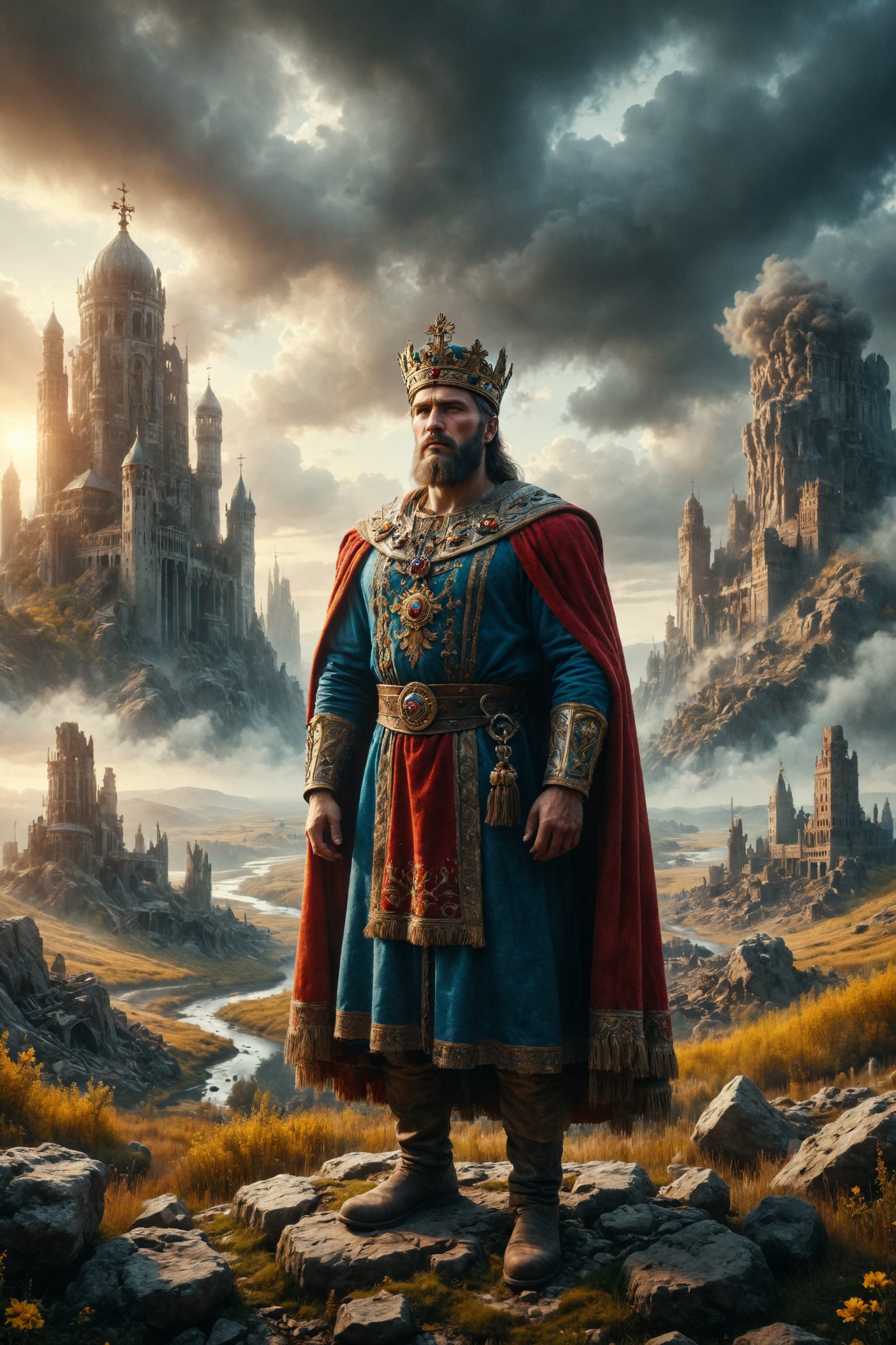 Epic and representative composition of the king god of ukrania, representing the ukranian working man, with typical attire and colors of his country, located in a tipical landscape of this country