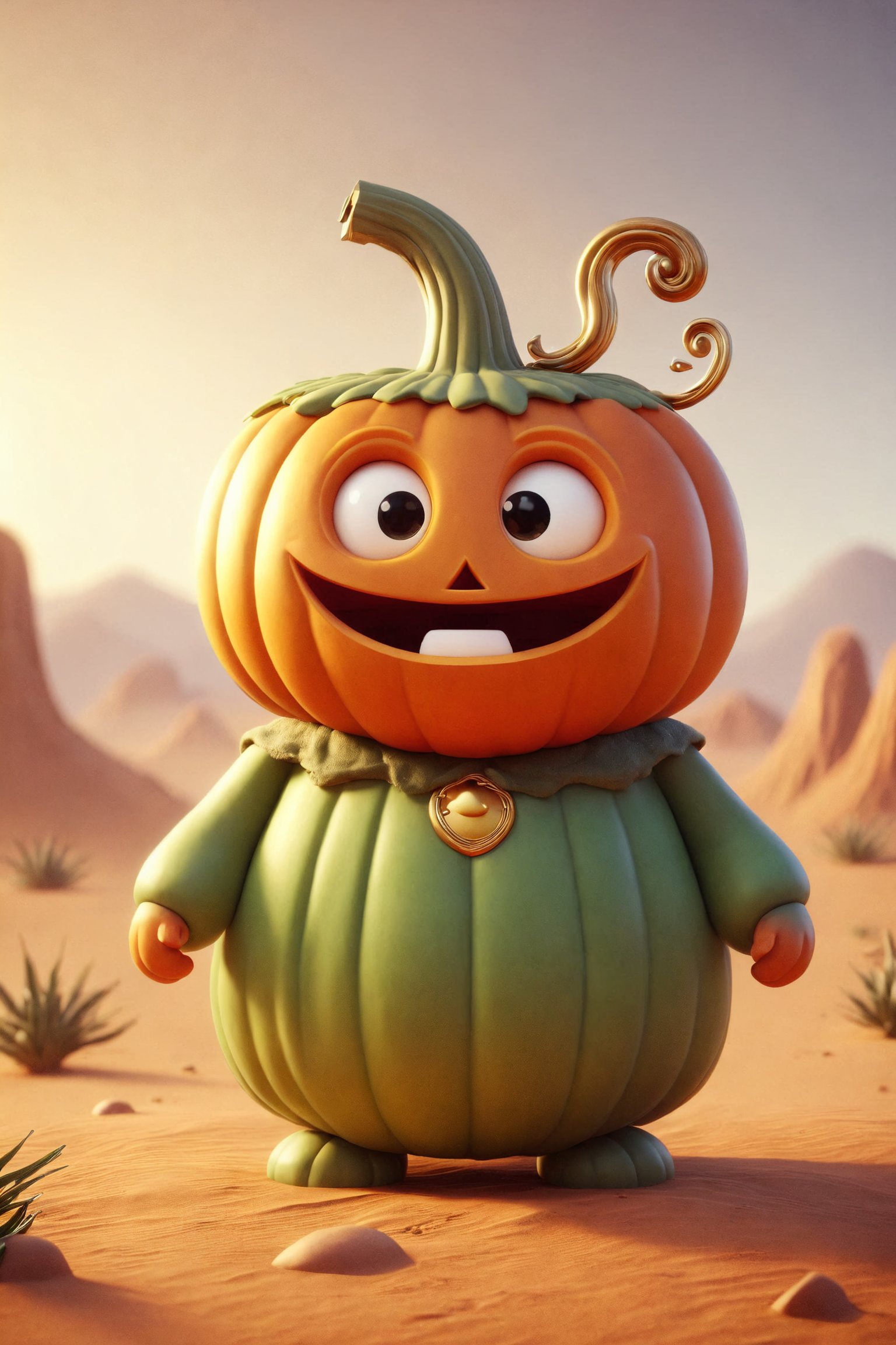 Epic characte cute style pixar of god of a  pumpkin orange, full body mistic composition in a desert