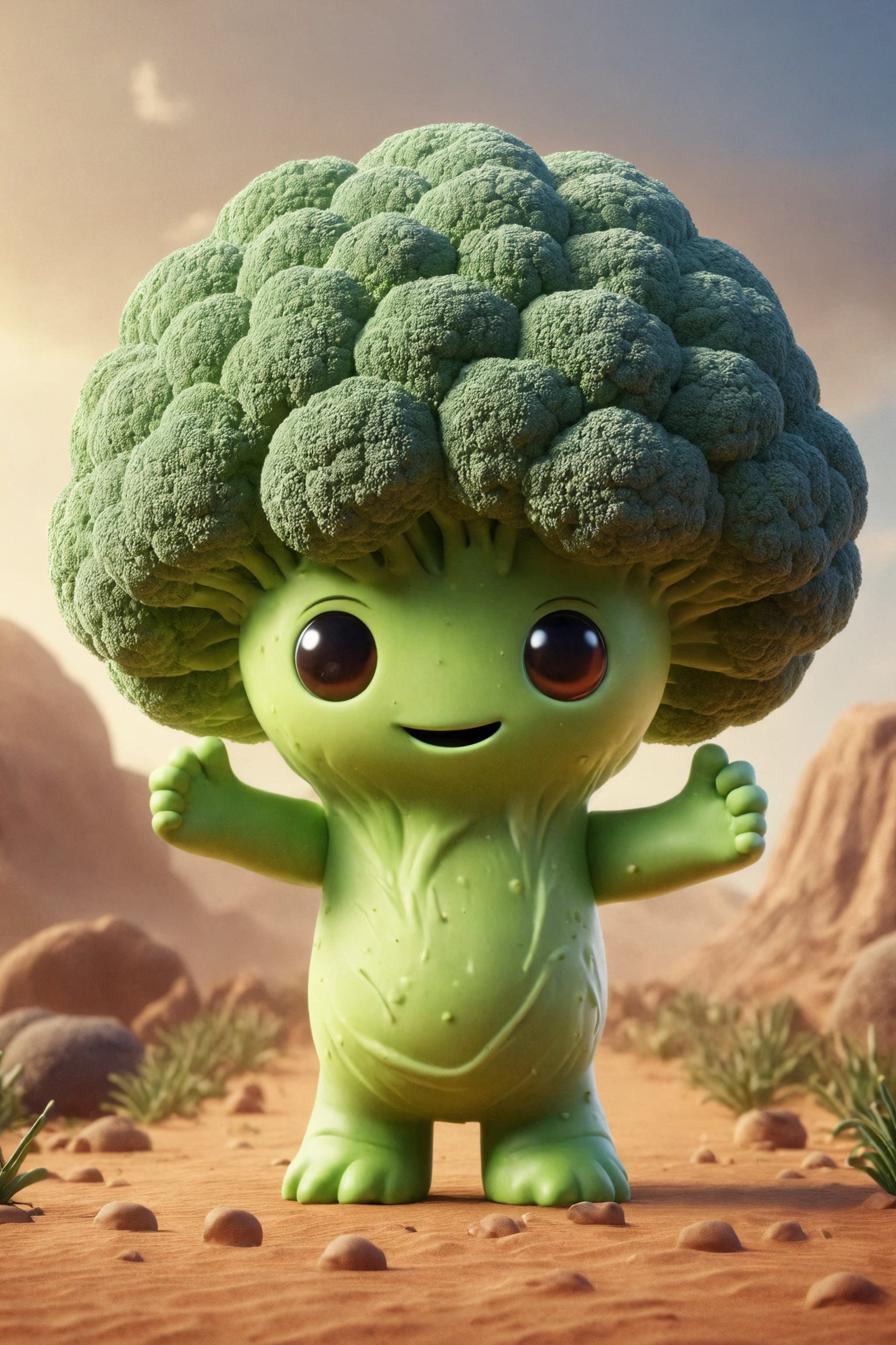 Epic characte cute buy style pixar of god of a broccoli, full body mistic composition in a desert
